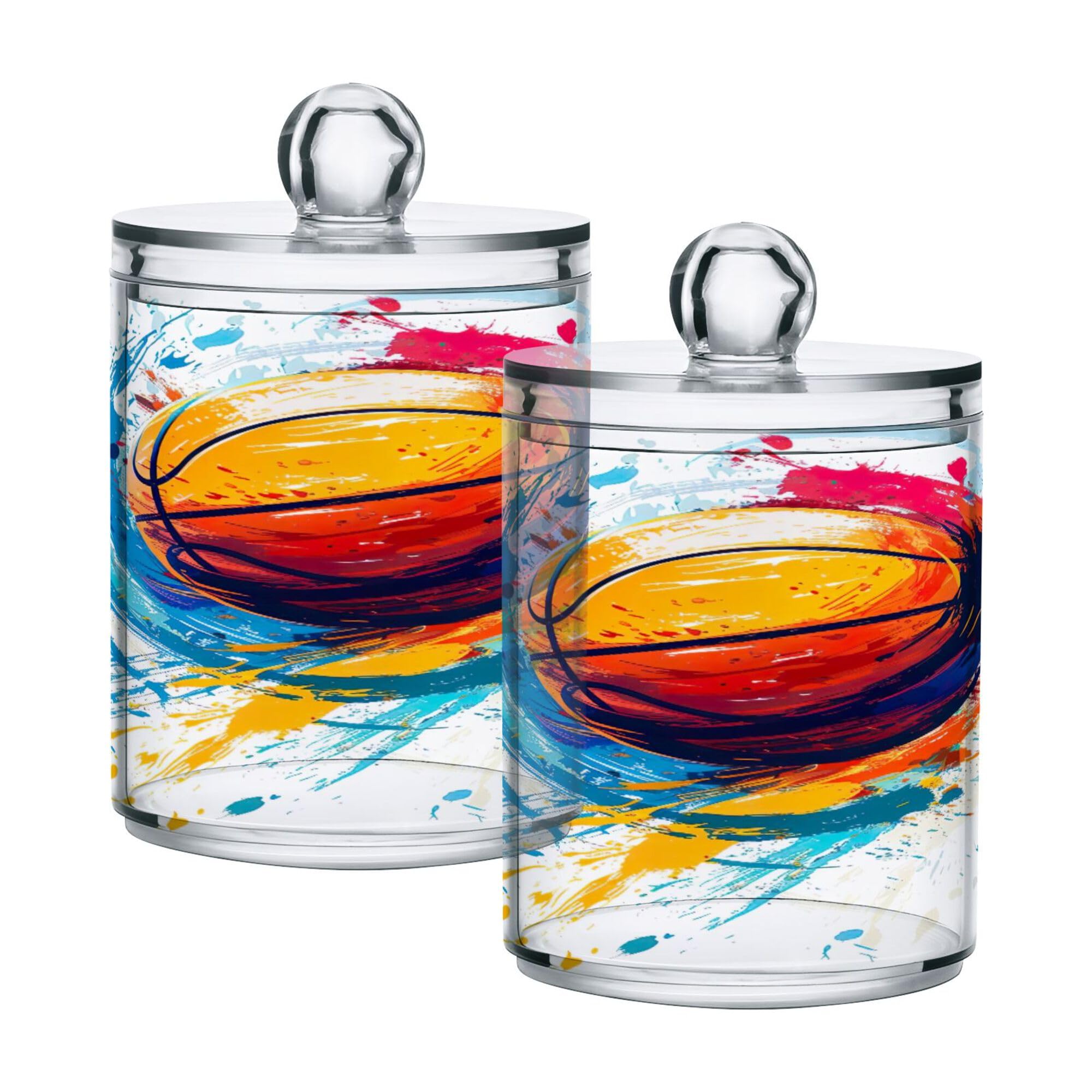 PYBUG Basketball Starfish Qtip Holder with Lid,2Pack Clear Plastic Apothecary Jars Bathroom Storage Containers for Cotton Swab,Cotton Ball,Floss Picks,Tea,Coffee