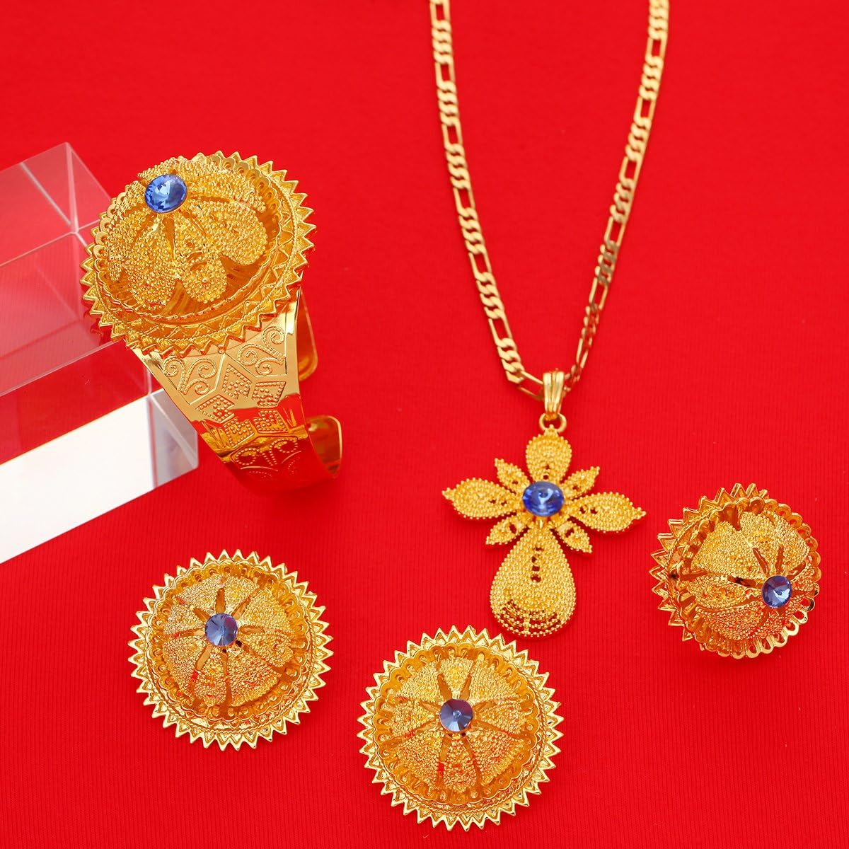 Gold Plated Ethiopian Jewelry Sets Red Blue Green Stone Habesha African Jewelry