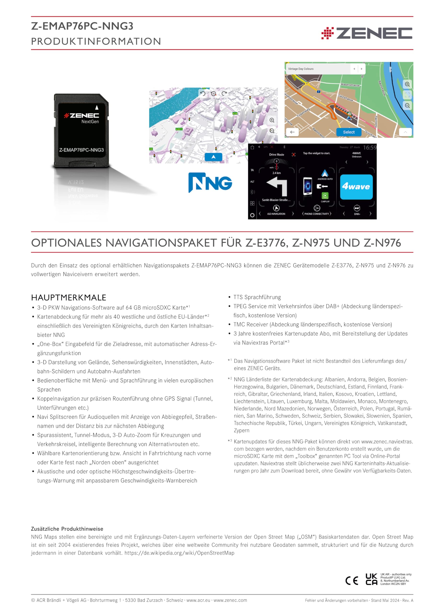 ZENEC Z-EMAP76PC-NNG3 – Micro SDXC-Karte mit PKW Navigationssoftware für ZENEC Infotainer Z-E3776, Z-N1000, Z-N975 und Z-N976, 3-D Karten für Europa, TMC
