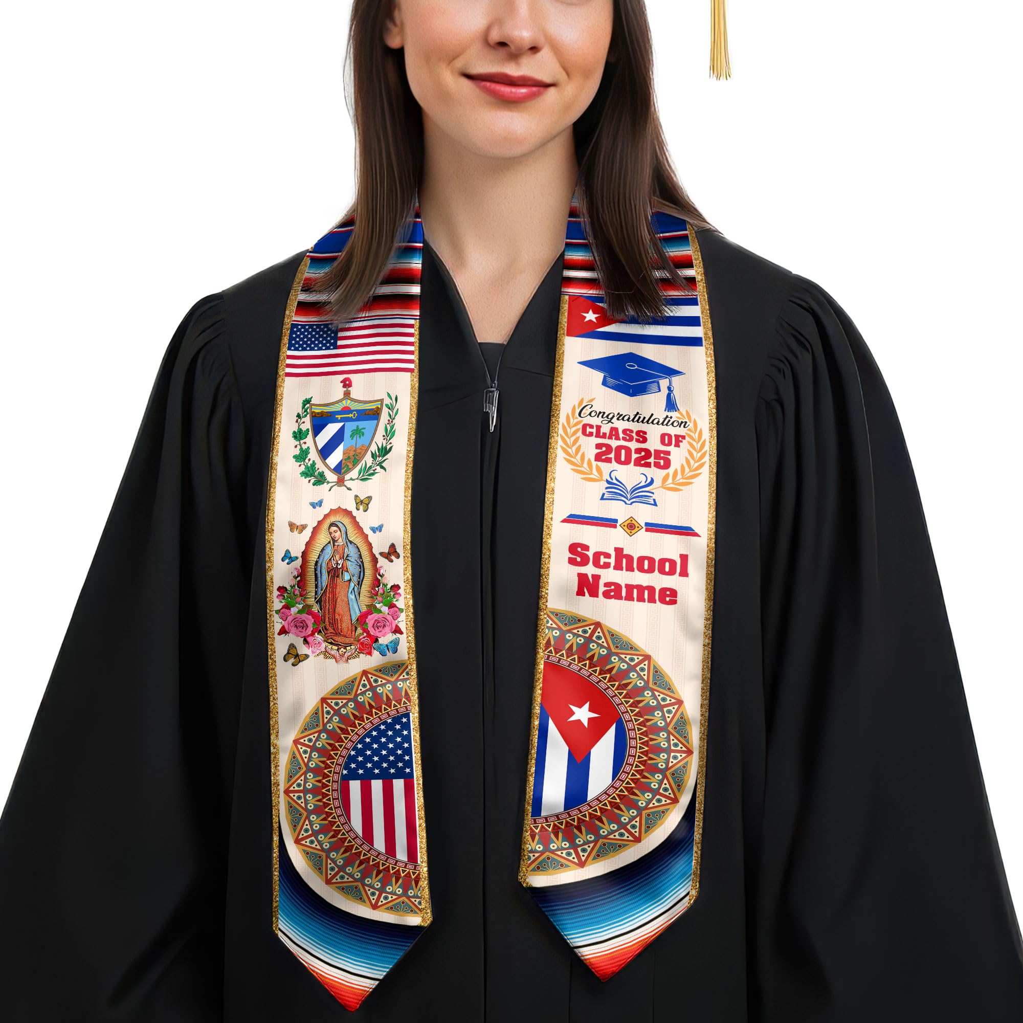 MonkeyVan Custom Cuba Graduation Sash 2025, Personalized Cuban American Flag Graduation Stole, Custom Cuba Graduation Stole S125