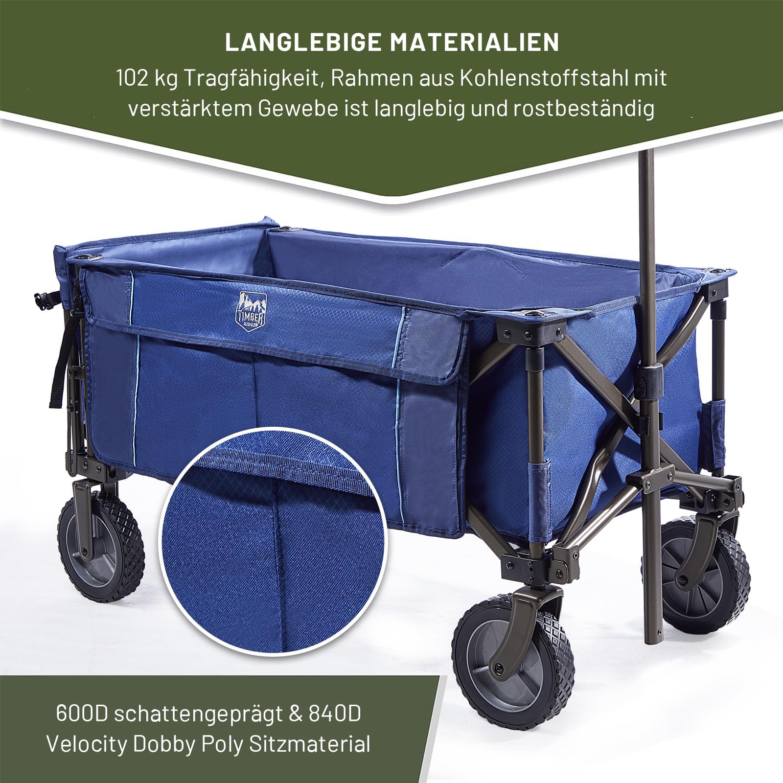 TIMBER RIDGE Heckklappe Faltbarer Klappwagen, Push-Pull-Strandwagen Faltbar, Seitentaschen, Camping, Garten, Einkaufen, 102kg Tragkraft, Blau