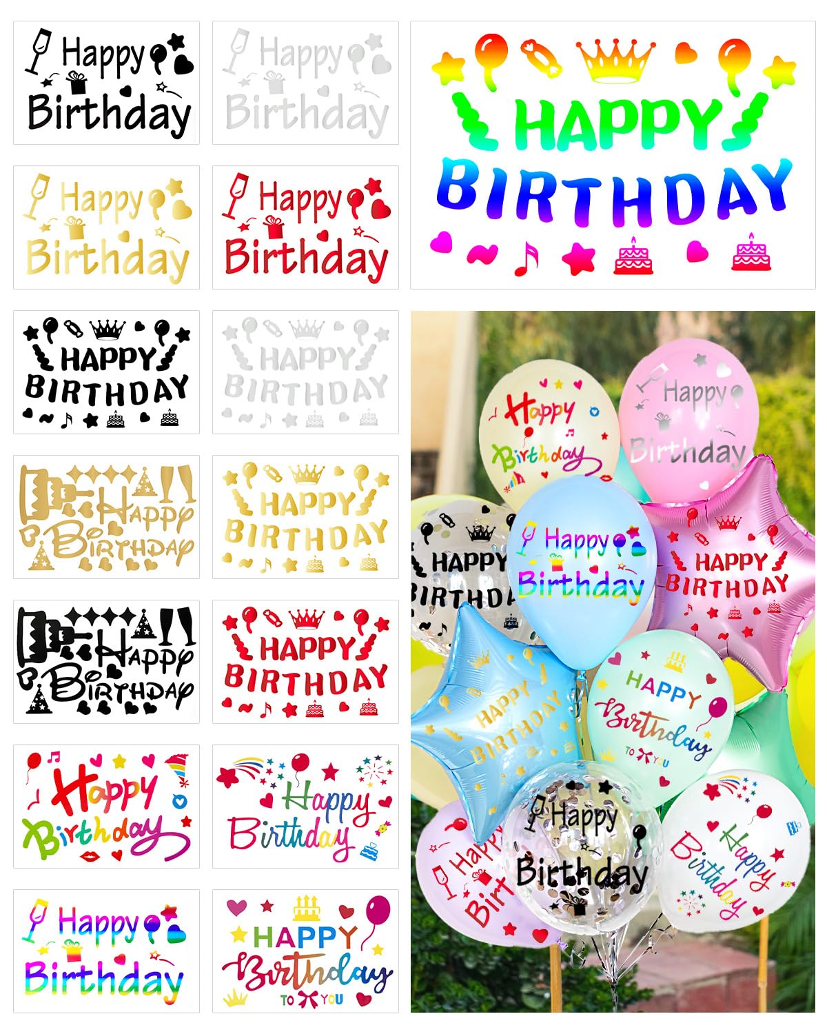 Naklejki urodzinowe z balonami, 15 szt., przezroczyste naklejki na balony bobo, naklejki PCW, samoprzylepne na uroczystości urodzinowe, wystrój domu, rekwizyty do fotobudki (kolor )