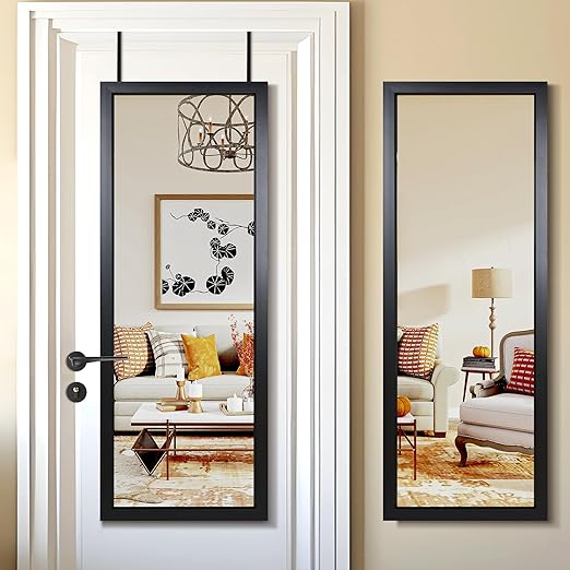 PexFix Door Mirror Full Length 18"x51" Over The Door Mirror with Rectangle Sleek Frame Space Saving Door Hanging Mirror Wall Mounted Mirror-Black