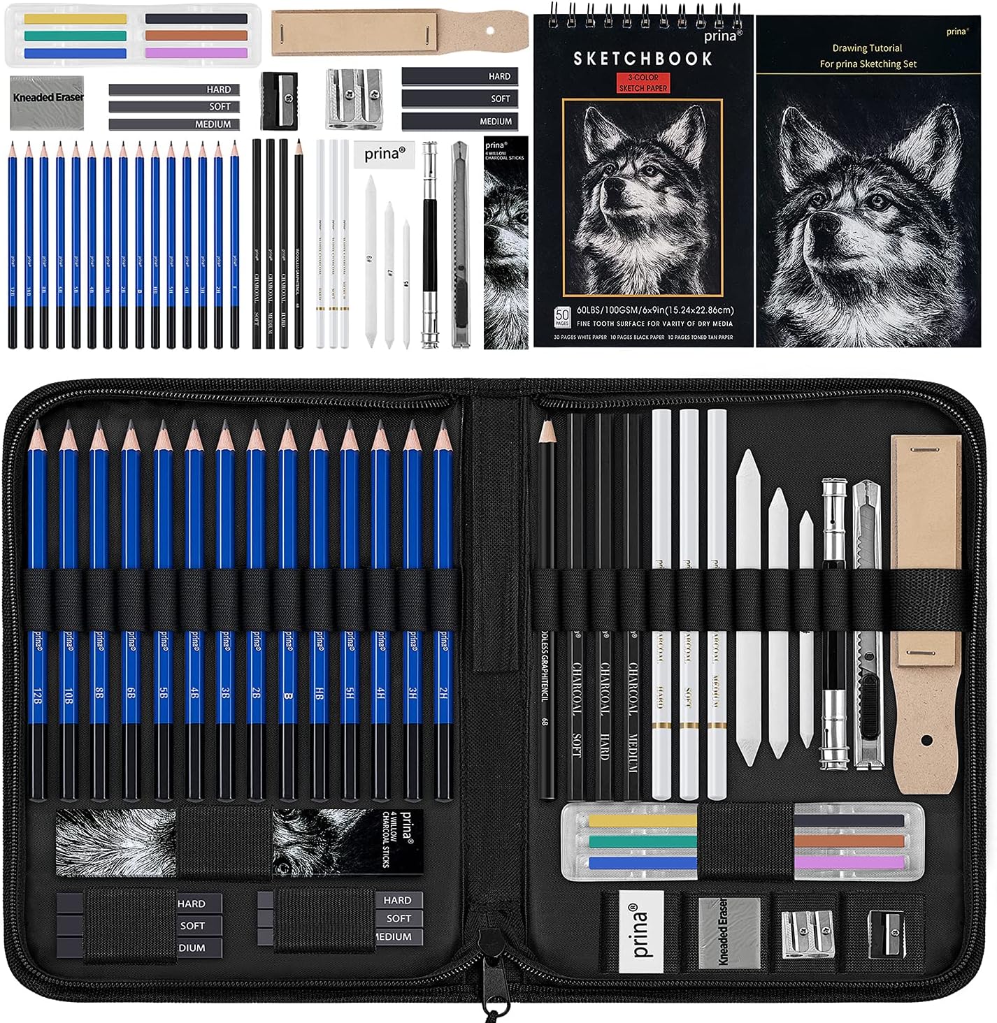 50 Pack Drawing Set Sketch Kit, Pro Art Sketching Supplies with 3-Color Sketchbook, Graphite, and Charcoal Pencils for Artists Adults Teens Beginner Kid, Ideal for Shading, Blending