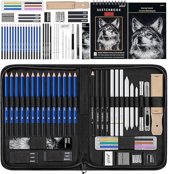 Prina 50 Pack Drawing Set Sketch Kit, Sketching Supplies with 3-Color Sketchbook, Graphite, and Charcoal Pencils, Pro Ar