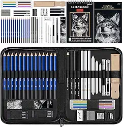 Kit com 50 peças para desenho Prina Caderno de desenho de 3 cores, lápis de grafite e carvão, kit profissional para artistas, adultos, adolescentes e crianças, ideal para sombreamento, mistura
