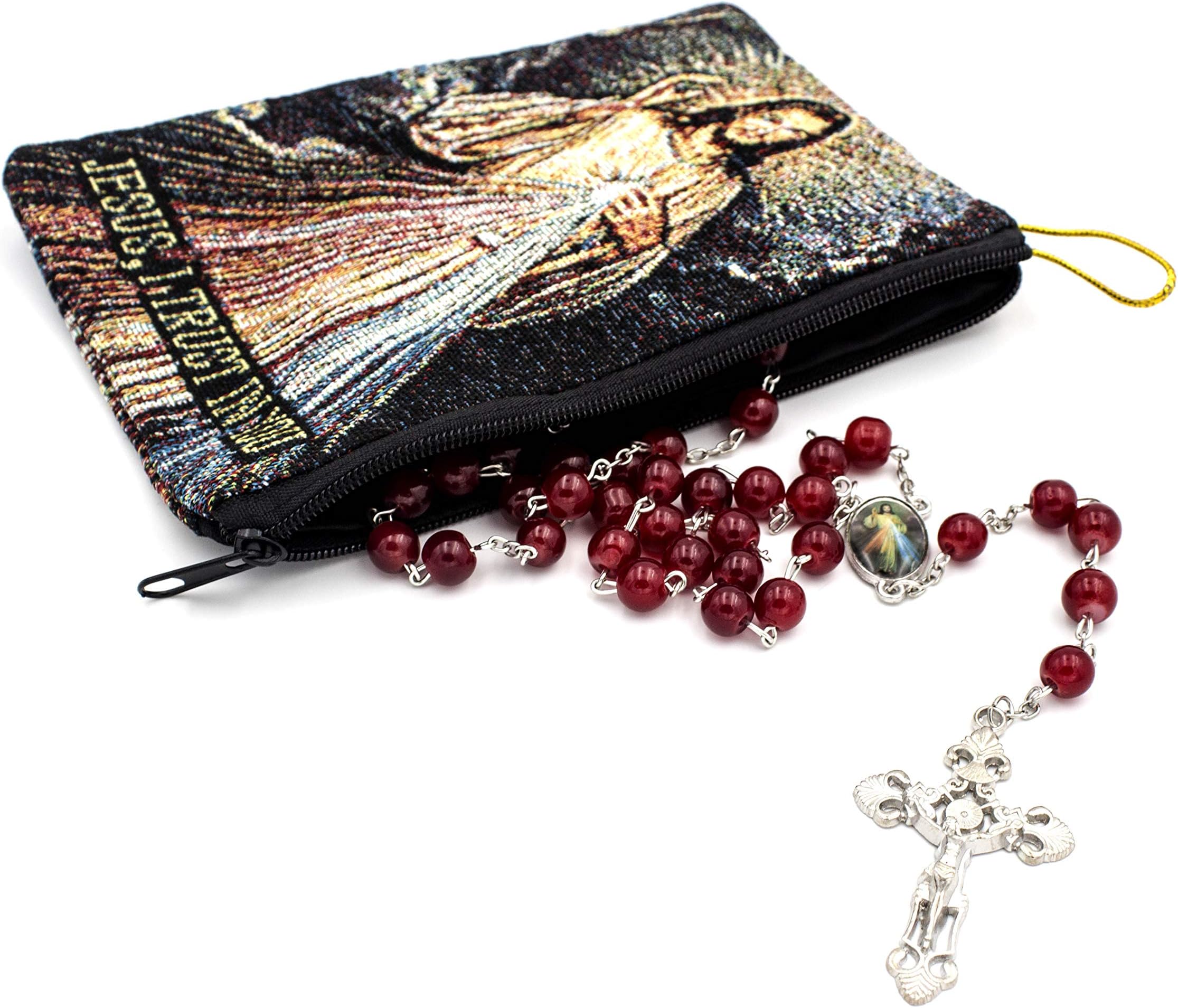 Elysian Gift ShopDivine Mercy Rosary Gift set. Includes Divine Mercy 8mm Deep Red bead rosary and Beautiful Tapestry Rosary Bag