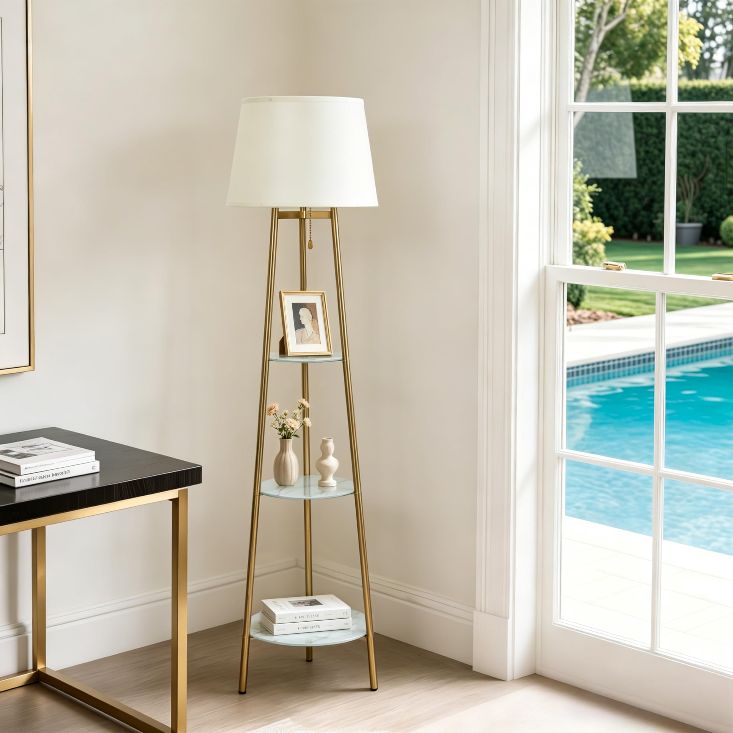 Lampadaire Trépied Métal avec 3 Étagères Verre Trempé LED 35x147cm | 3 Températures de Couleur 2700K/4500K/6500K, Abat-Jour en Lin, Pour Salon, Chambre, Bureau, Ampoule Incluse