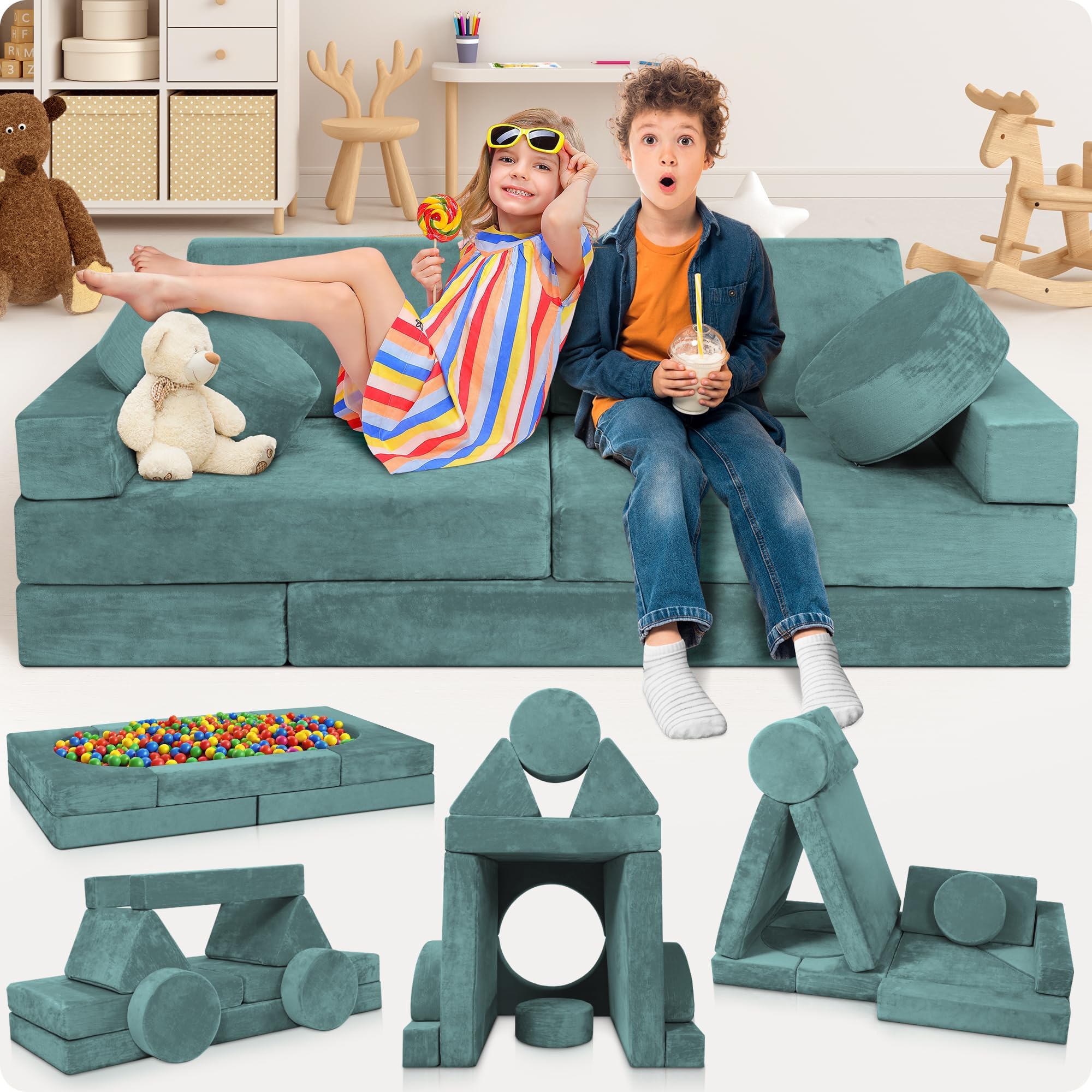 Lunix LX15 14pcs Modular Kids Play Couch, Design-Patent Child Sectional Sofa, Fort-Play Bedroom Playroom Furniture for Toddlers, Convertible Foam, Washable Covers, Oeko-TEX & CertiPUR-US, Sage Teal