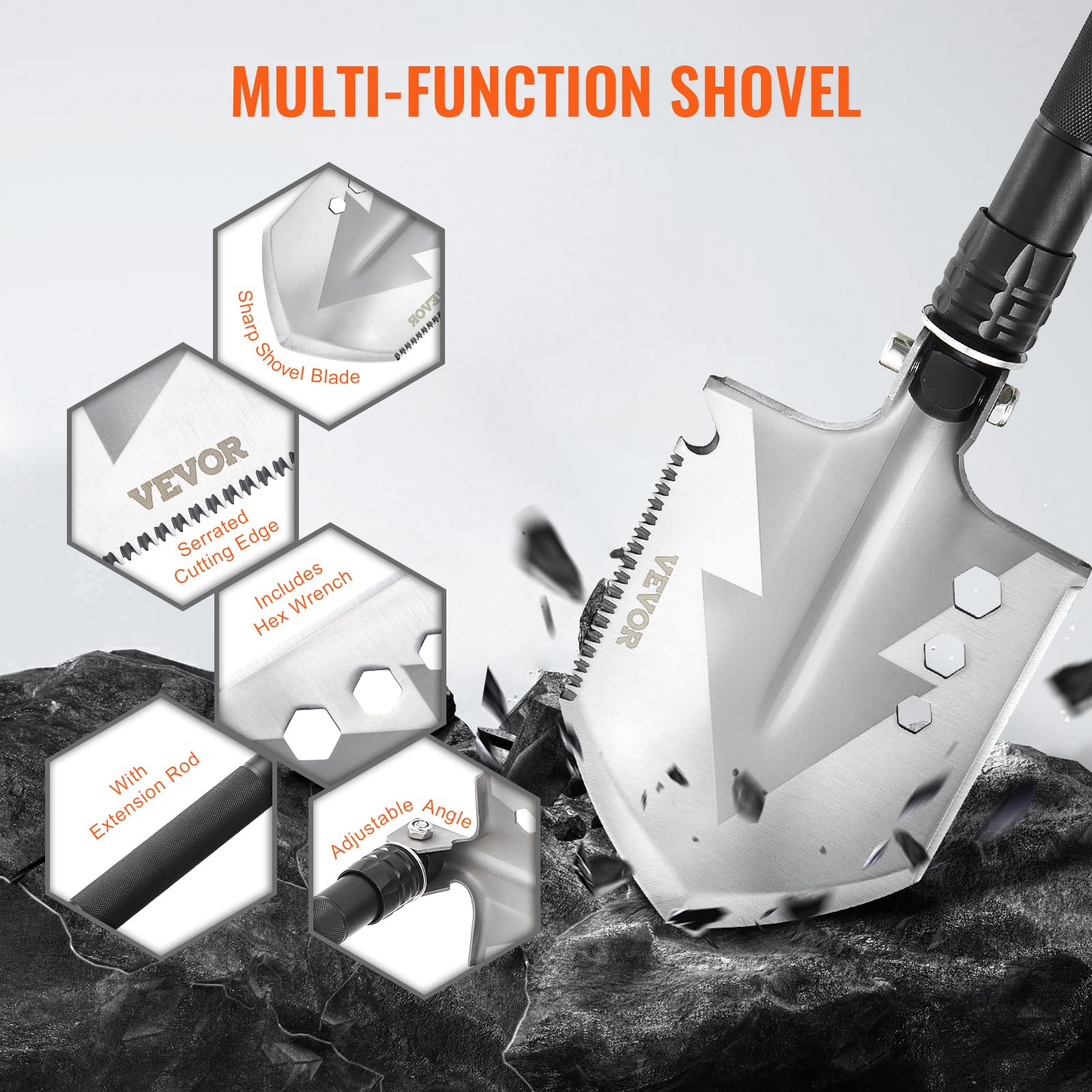 VEVOR Pelle de Survie Pliante, Pelle de Camping multifonctionnelle 8 en 1, Pelle Tactique compacte Portable de qualité Militaire, pour Tout-Terrain, Camping, randonnée, extérieur, Survie, Urgence