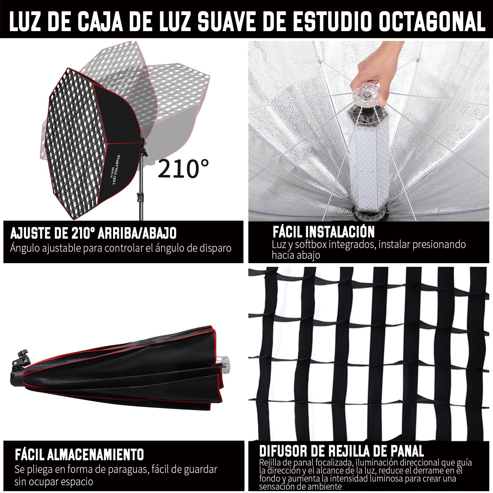 110W Softbox - Kit de iluminación para fotografía (95 cm, parabólico octogonal, rejilla de panal, mando a distancia, soporte de luz, para fotografía, estudio, fotografía de retratos