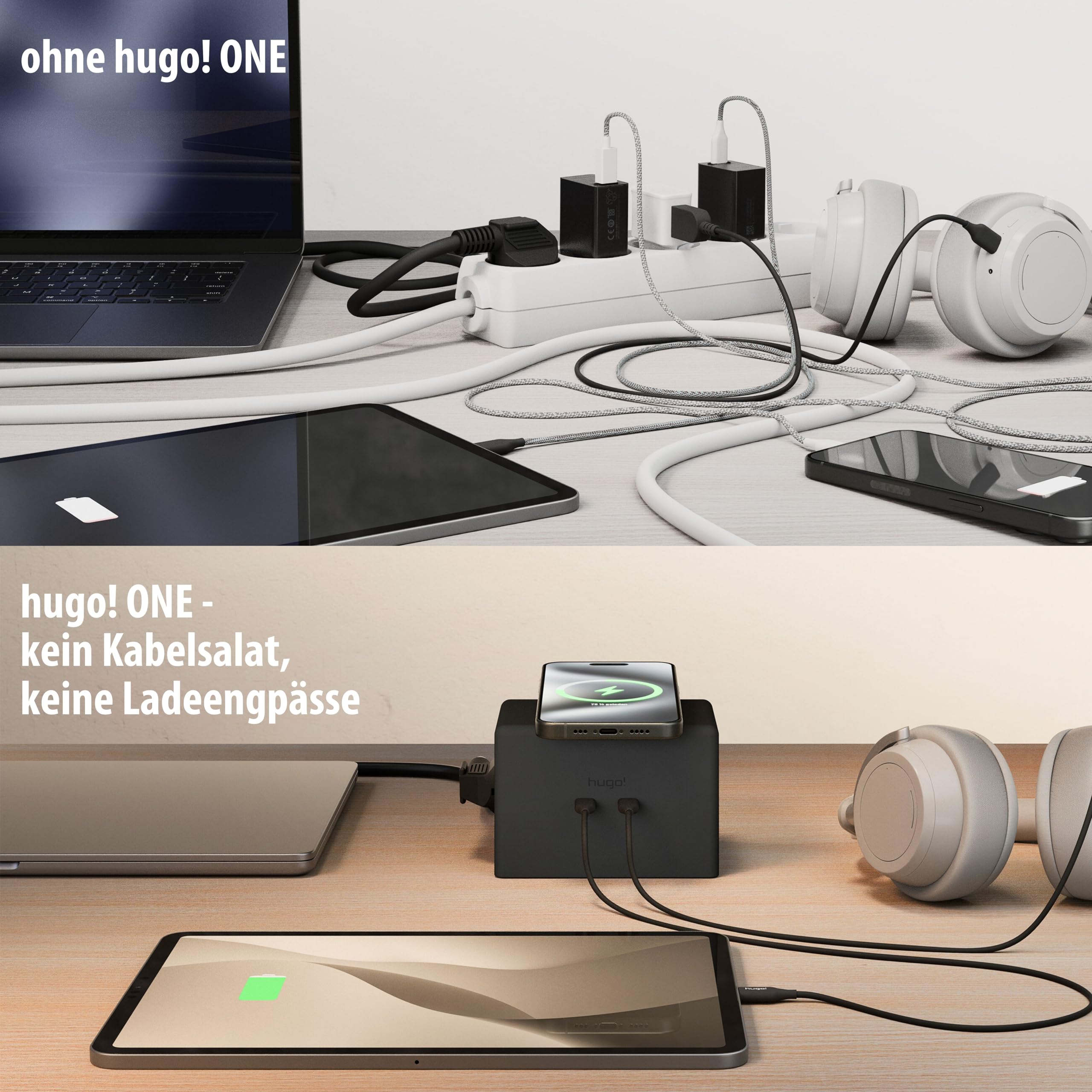 Brennenstuhl Hugo! One 2nd Gen. Cubo de enchufes con USB C 20W PD | (cargador inalámbrico, regleta USB C, interruptor táctil, estación de carga inductiva con cable de 2m) negro intenso