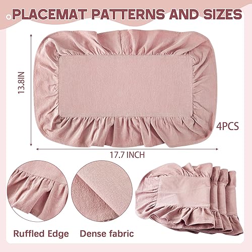 Miniatura 2 de Frienda Juego de 4 manteles individuales rectangulares con volantes, mantel individual festoneado rosa de 13.8 x 17.7 pulgadas, lavable a máquina,