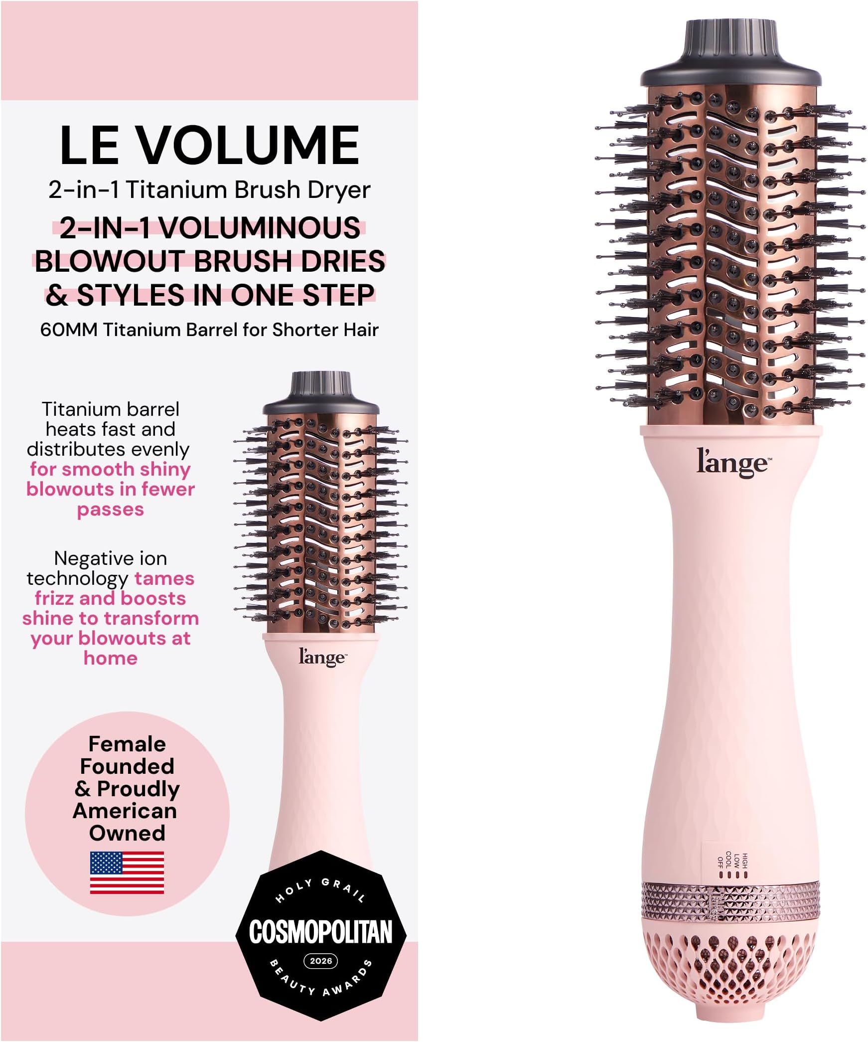 L'ANGE HAIR Le Volume 2-in-1 Titanium Blow Dryer Brush | Frizz Control Blowout Hair Dryer Brush For Drying And Straightening | Volumizing Hot Air Styler For All Hairstyles | Oval Barrel | Blush - 60mm