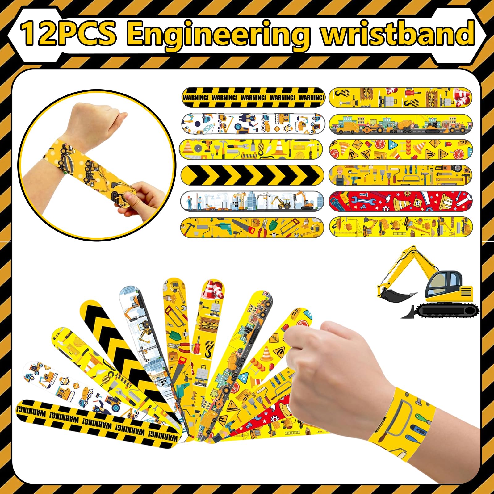 86 pezzi per cantiere, feste di compleanno, escavatore, accessori per feste di compleanno, 12 braccialetti Slap, 12 sacchetti regalo, 12 portachiavi, 50 adesivi per bambini, ragazzi e ragazze