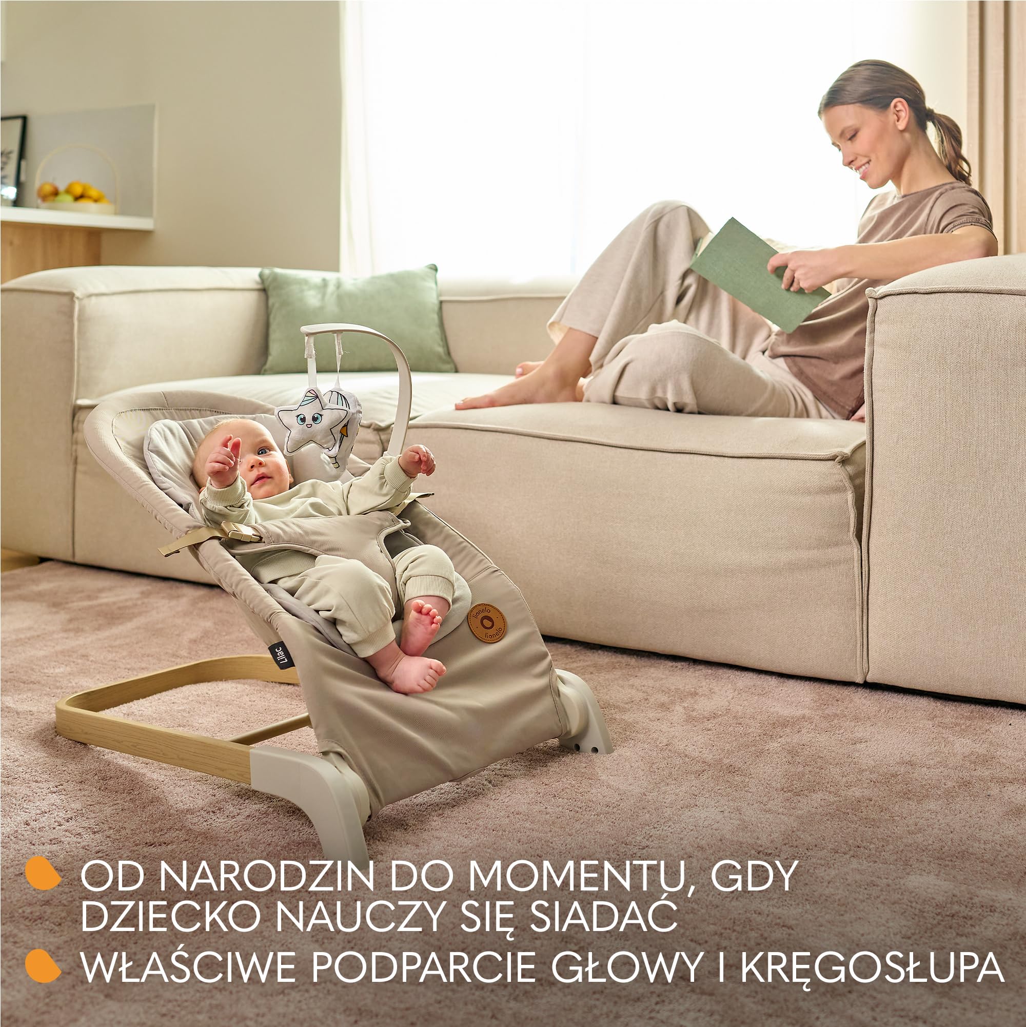 LIONELO LILAC Bujaczek i Leżaczek dla Niemowląt do 9 kg 0-6 miesięcy, Bujak 2 w 1 dla Dzieci, 2 Zabawki, Regulacja Pochylenia, 3 Punktowe Pasy Lekki 3,2 kg Składany na Płasko