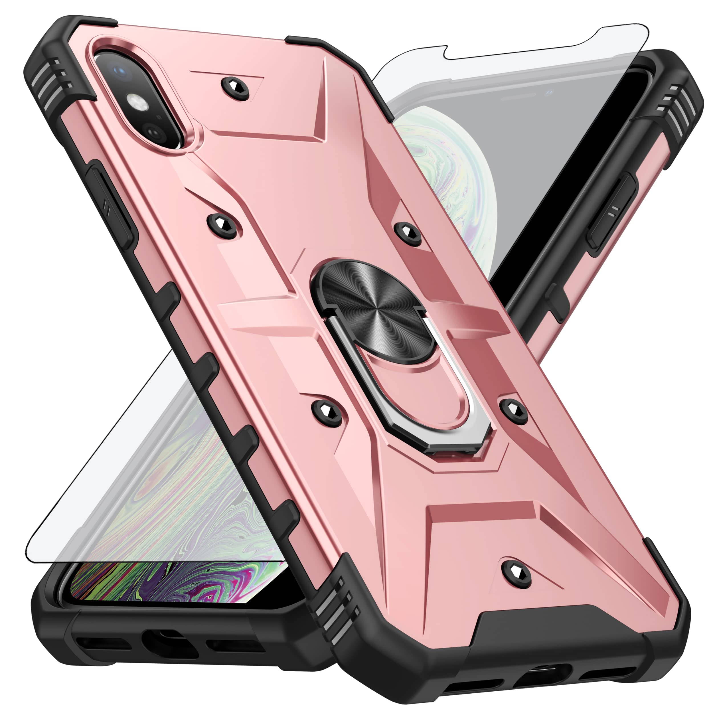 Compatible with iPhone Xs Max Phone Case and Tempered Glass Screen Protector Ring Holder Stand Kickstand Magnetic Metal i X XR Xsmax 10x SX Xmax 10xs 10s 10 Plus Xmaxs Cover for Women Men Rose Gold