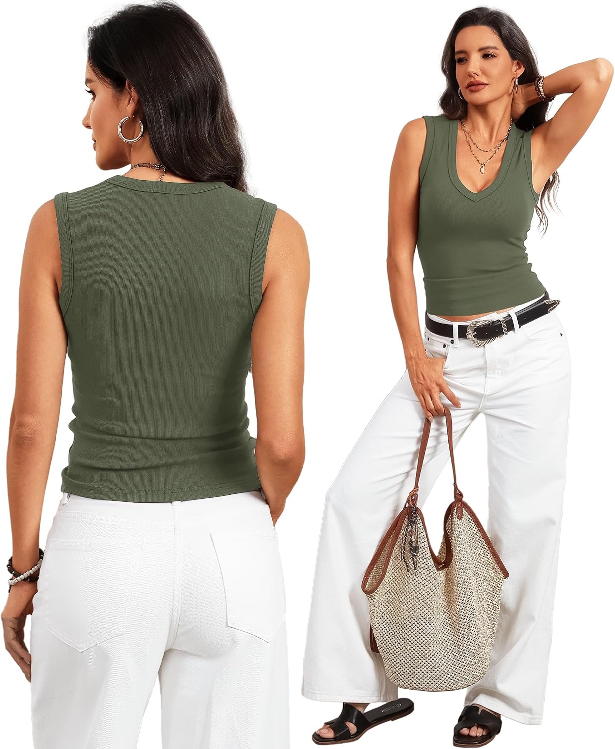 Prettywear Deep V Neck Tank Tops for Women 2026 Summer Fashion Clothes Sexy Casual Ribbed Fitted Sleeveless Going Out Tops
