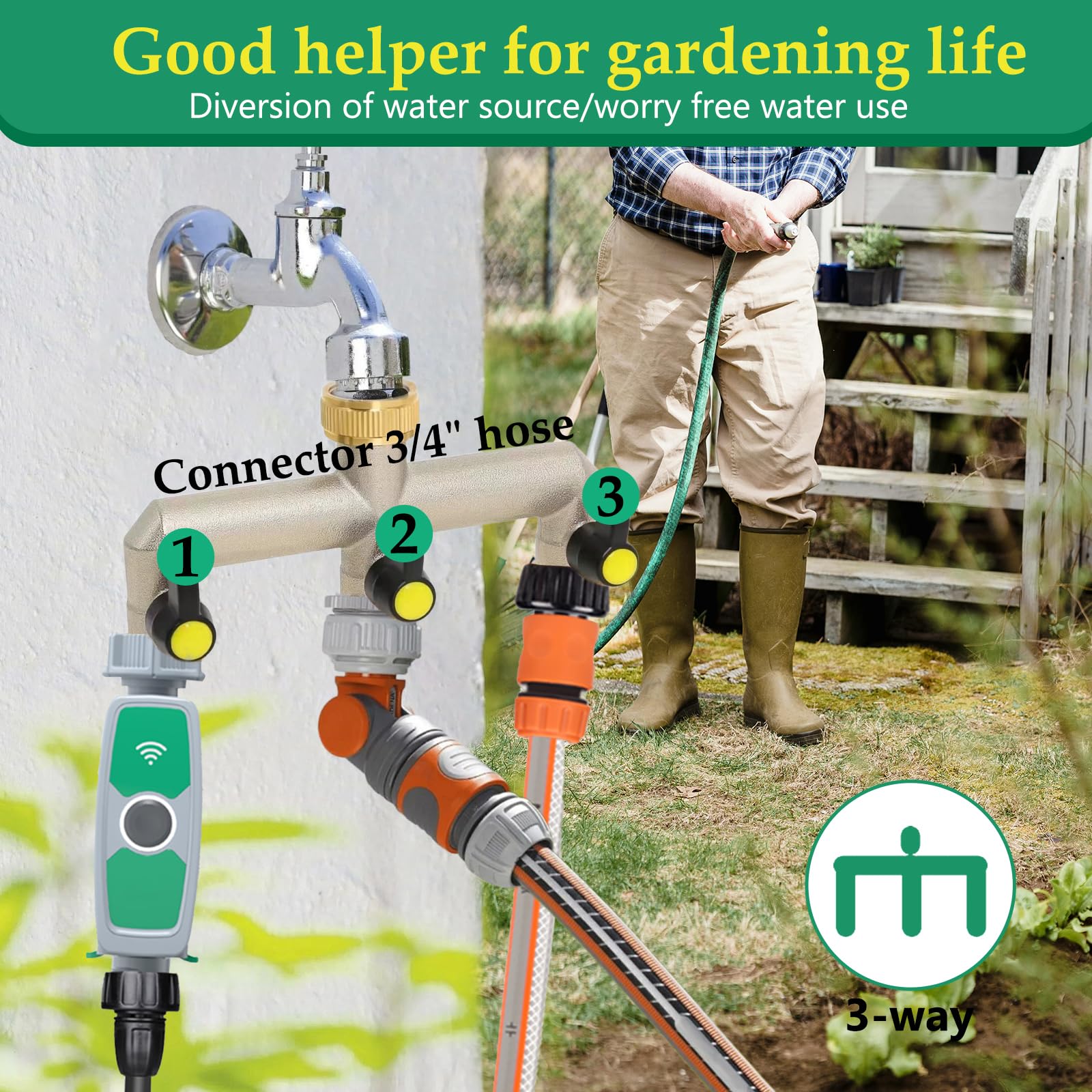 Sdoppiatore Rubinetto Giardino 3 Vie in Ottone, 3/4" Connettore per Tubo Irrigazione da Esterno con Valvole di Apertura/Chiusura Indipendenti, Raccordi Adattatori per Rubinetto Lavatrice