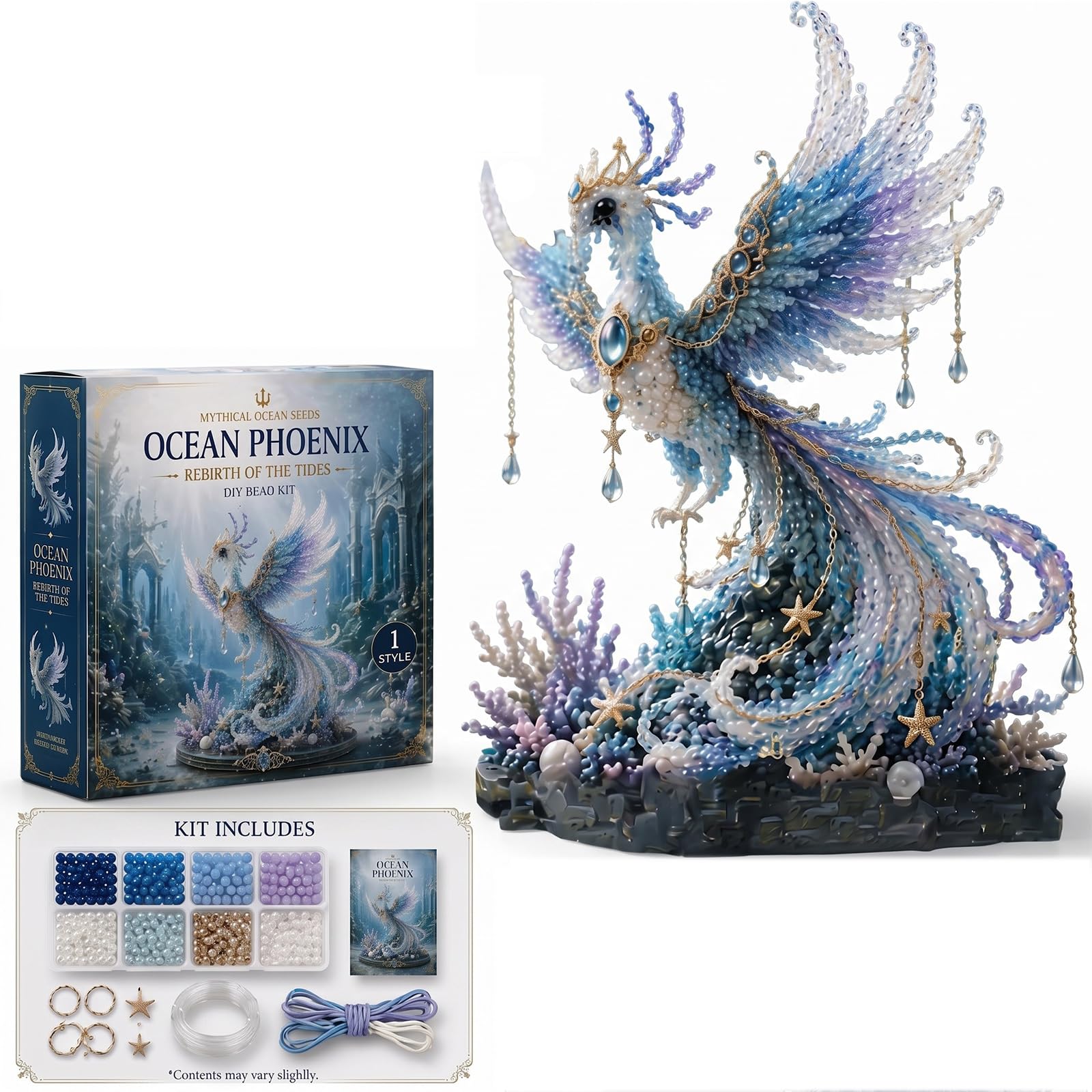Mtbricey 3D Beaded Animal Craft Kit Mythical Ocean DIY Beading Set Octopus Sea Dragon Phoenix Bead Kit with Tools Instructions Creative Hobby Gift for Teens Adults (Phoenix)