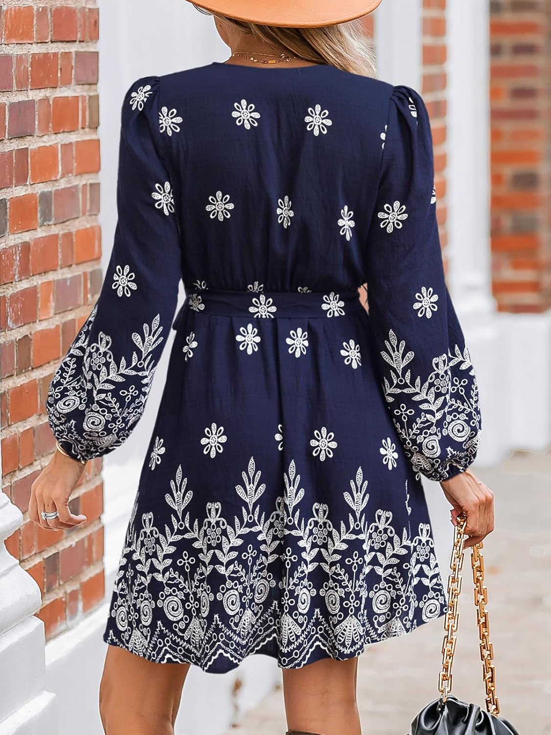 CUPSHE Women's Fall Dresses V Neck Long Sleeve Floral Print Belted Tie Front Casual A Line Mini Dress - Image 2