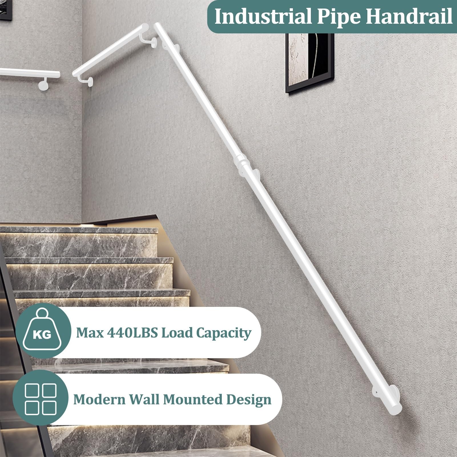 Pasamanos de escalera para interior y exterior, barandilla de escalera de tubo redondo de hierro galvanizado blanco con accesorios, barandilla de pared antideslizante(150cm)