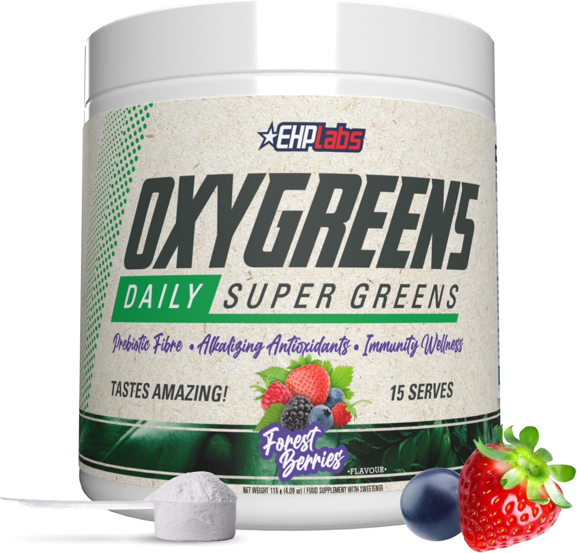 EHP Labs OxyGreens Super Greens Powder with Spirulina & Chlorella, Prebiotic Fiber, Probiotics & Digestive Enzymes – Antioxidant Green Superfood Supplement - 15 Servings (Forest Berries)