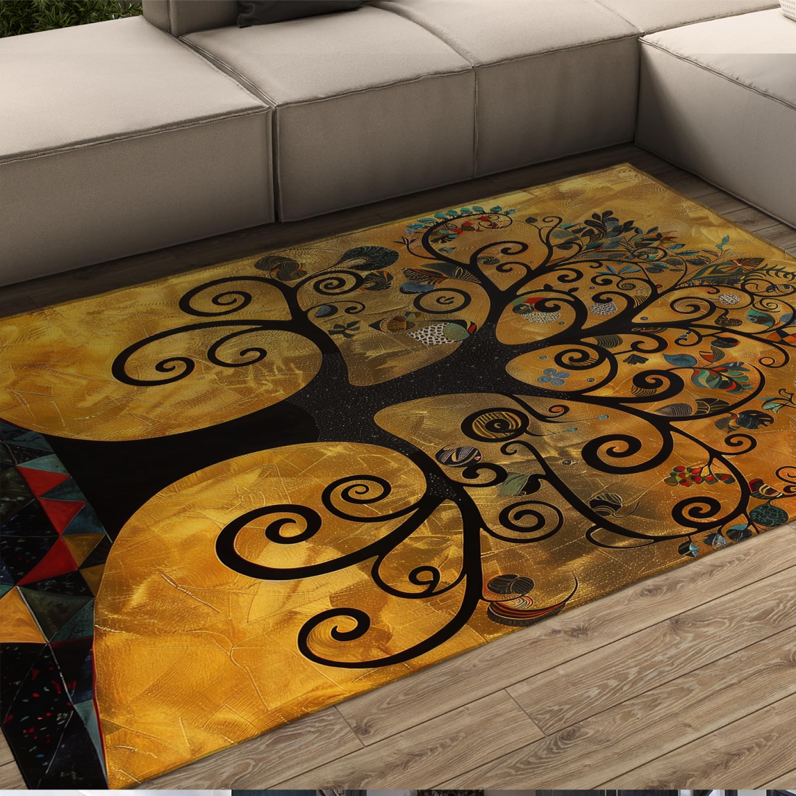 Tapis de chambre doux arbre de vie or Klimt pour intérieur chaleureux