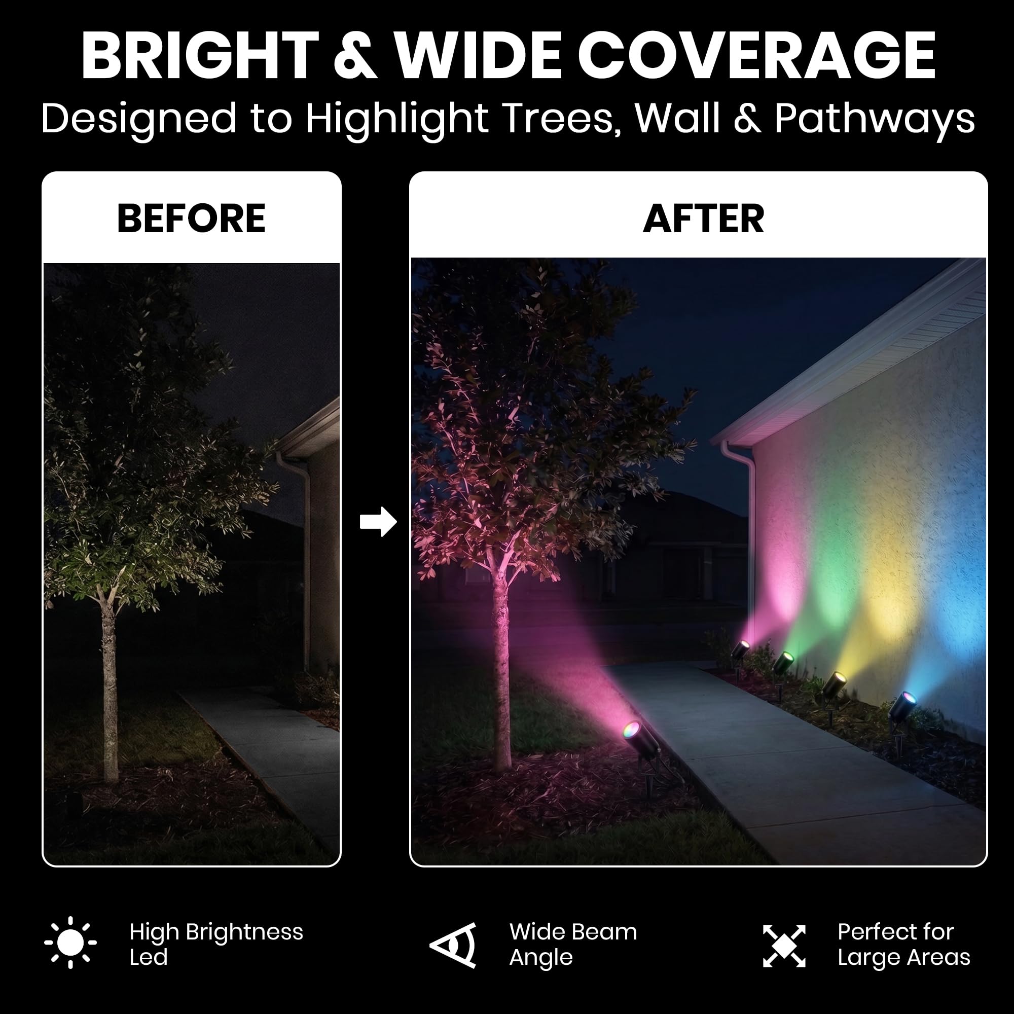 RGBWW - Faretti intelligenti per esterni, confezione da 4 pezzi, 15,2 m, 2000 lumen, dimmerabili, impermeabilità IP65, controllo Alexa e app, luci LED per paesaggi bassi