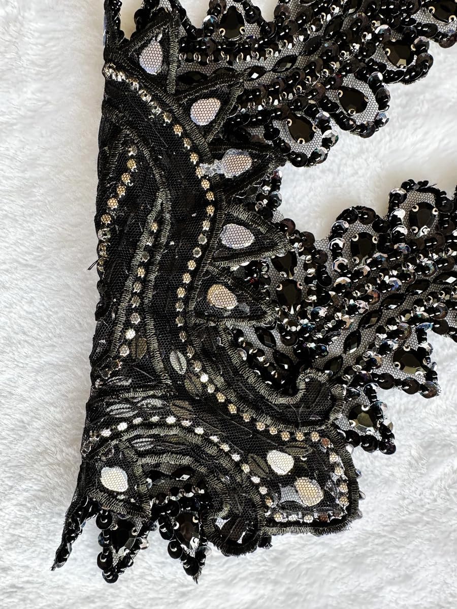 Handmade Crystal on lace Applique Sewing Rhinestones Beads Sequins Patches Trim Luxury Decoration Accessories for Wedding Dress (Black)