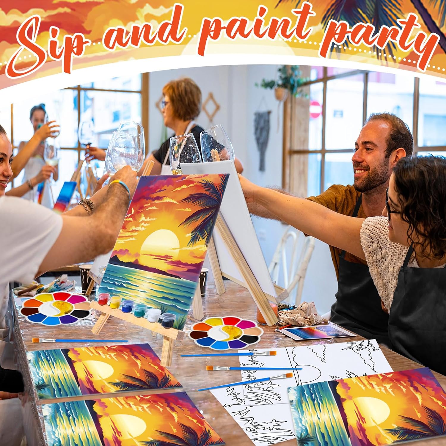 Motipuns 6 Set Pre Drawn Canvas for Painting for Adults Sip and Paint Kit with Easels 8 x 10 Inches Paint Party Kit with Printed Canvas Paints Brushes Palette Apron(Seaside Sunset)