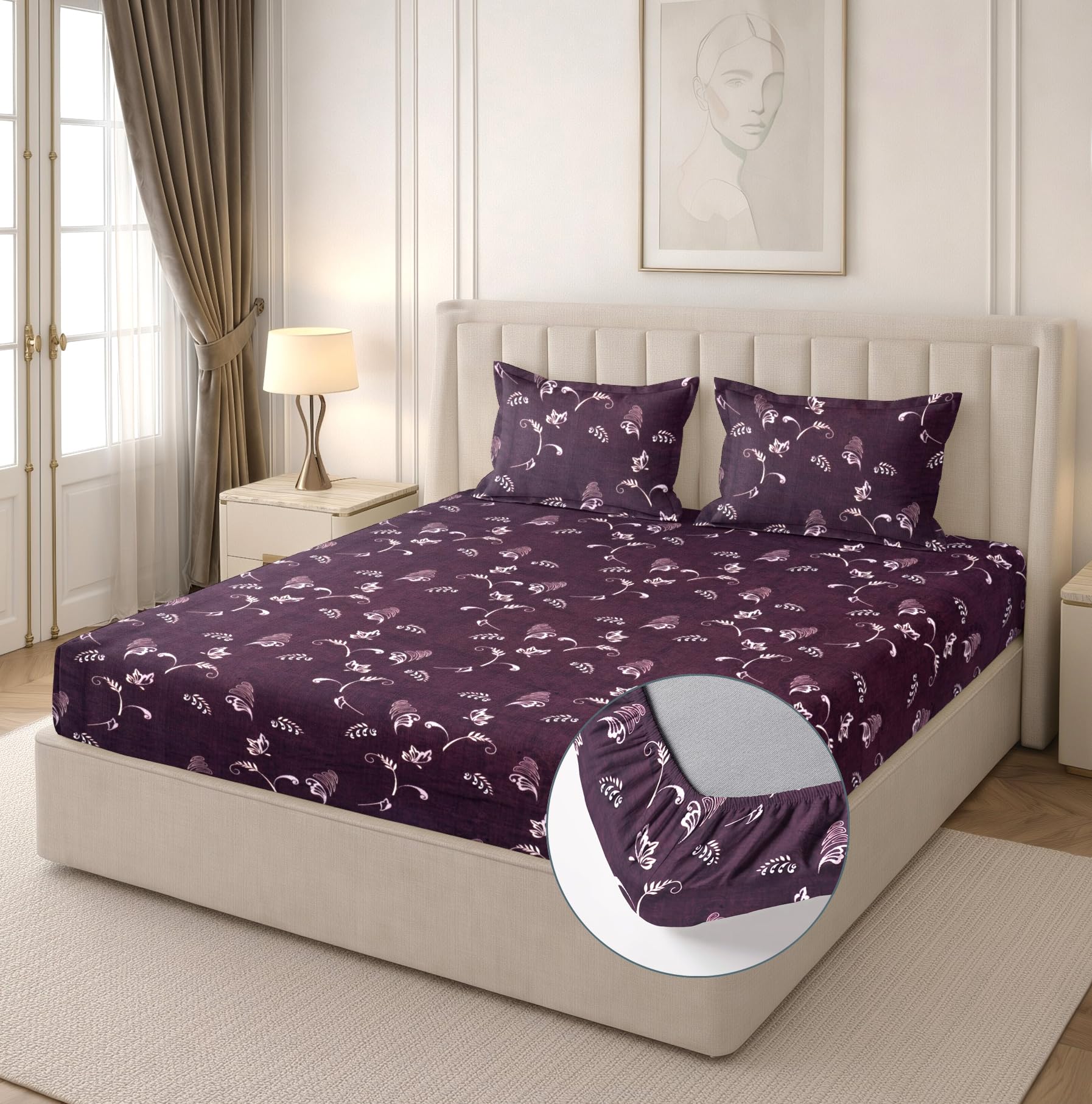 RD TREND® Premium Cloud Cotton Fitted Floral Bedsheet for Double Bed King Size-72x78x8 Inches with 2 Aesthetic Pillow Covers (18x28Inch | 210 TC Elastic All Around | Dark Plum-picture-24