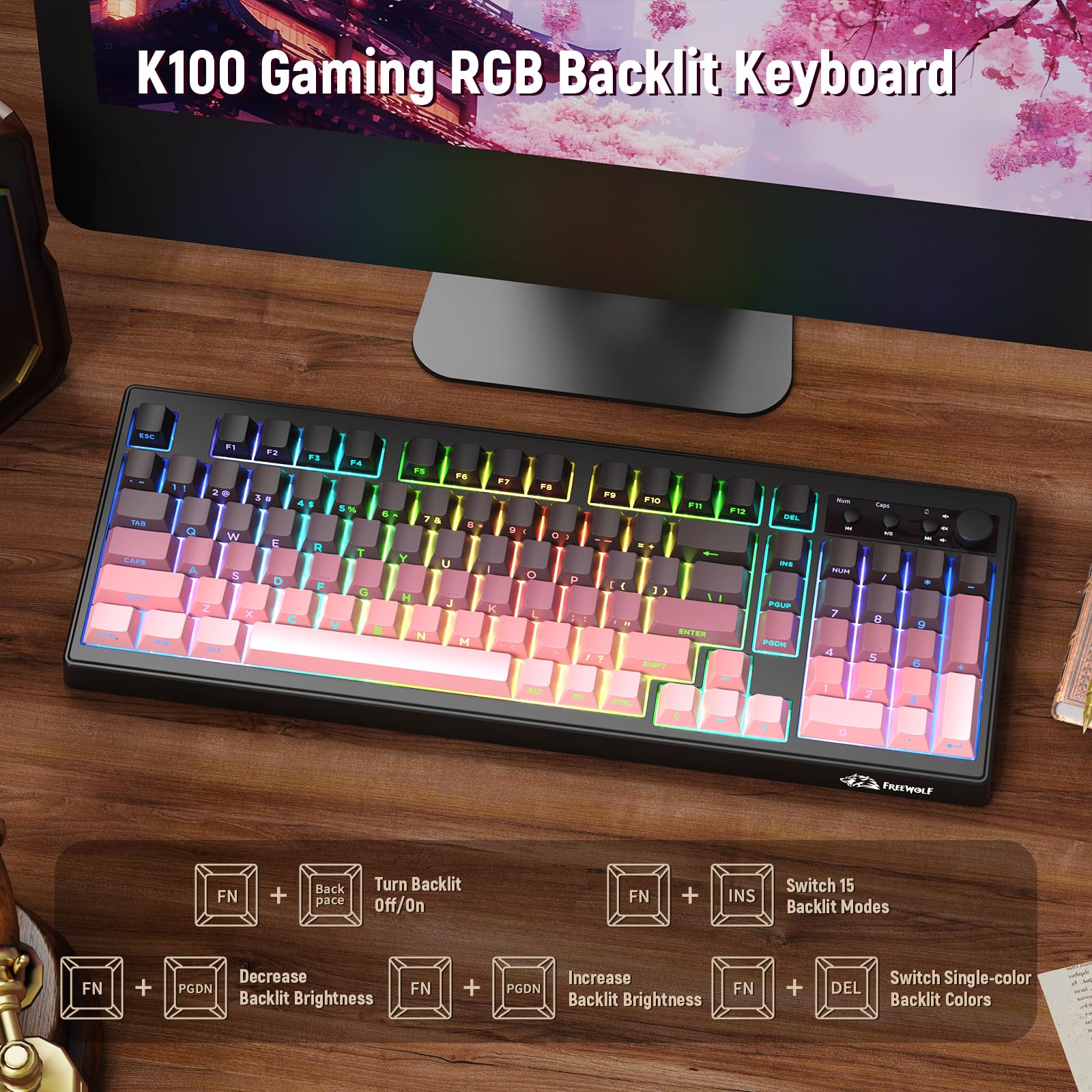 ZIYOU LANG K100 Tastiera Gaming Wireless, Tripla Modalità (BT/2.4G/Cavo) Tastiera a Membrana con Manopola, 102 Tasti PBT Gradiente, 4000mAh, RGB Backlit, Compatibile con PC/Mac e Altro -Mora