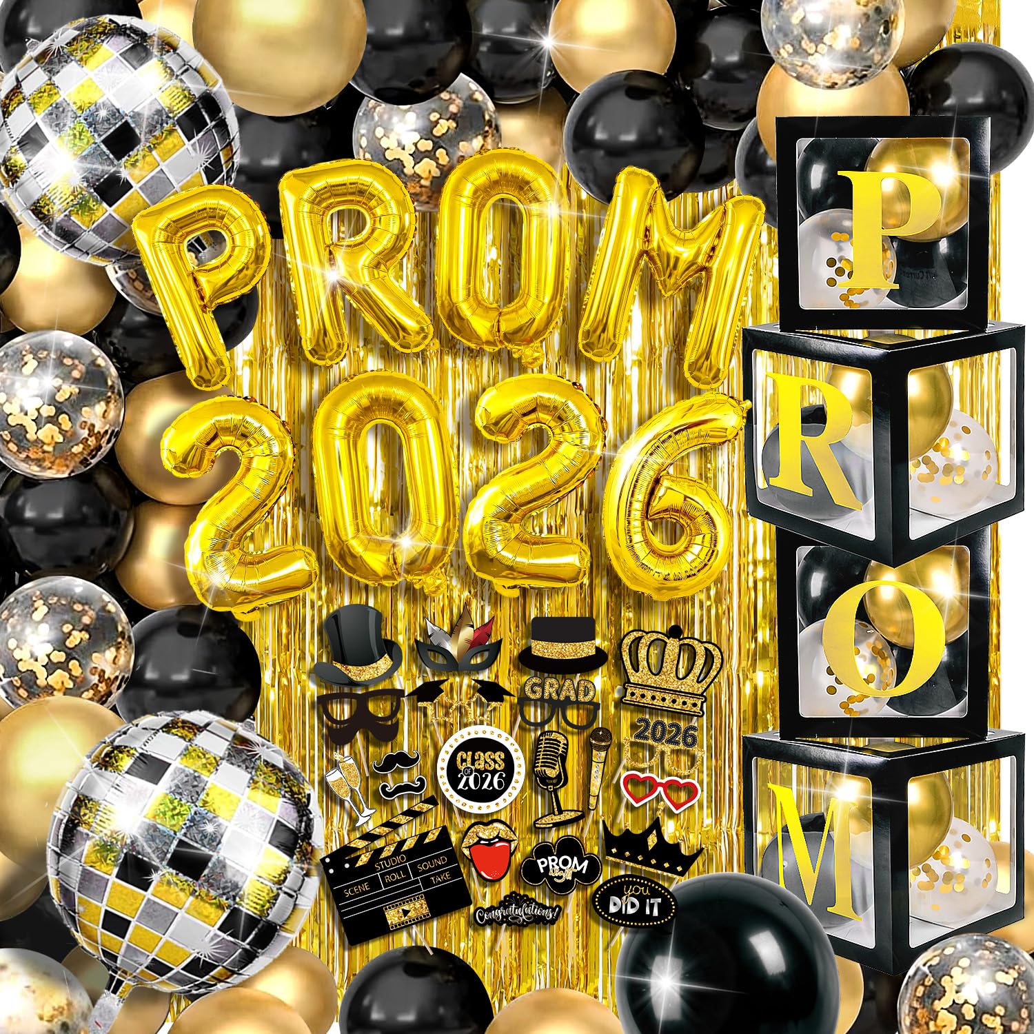MOVINPE Prom Decorations for Party 2026, Promenade Party Supplies Graduation Prom 2026 Balloon Box Balloon Garland Arch Foil Fringe Curtain Disco Ball