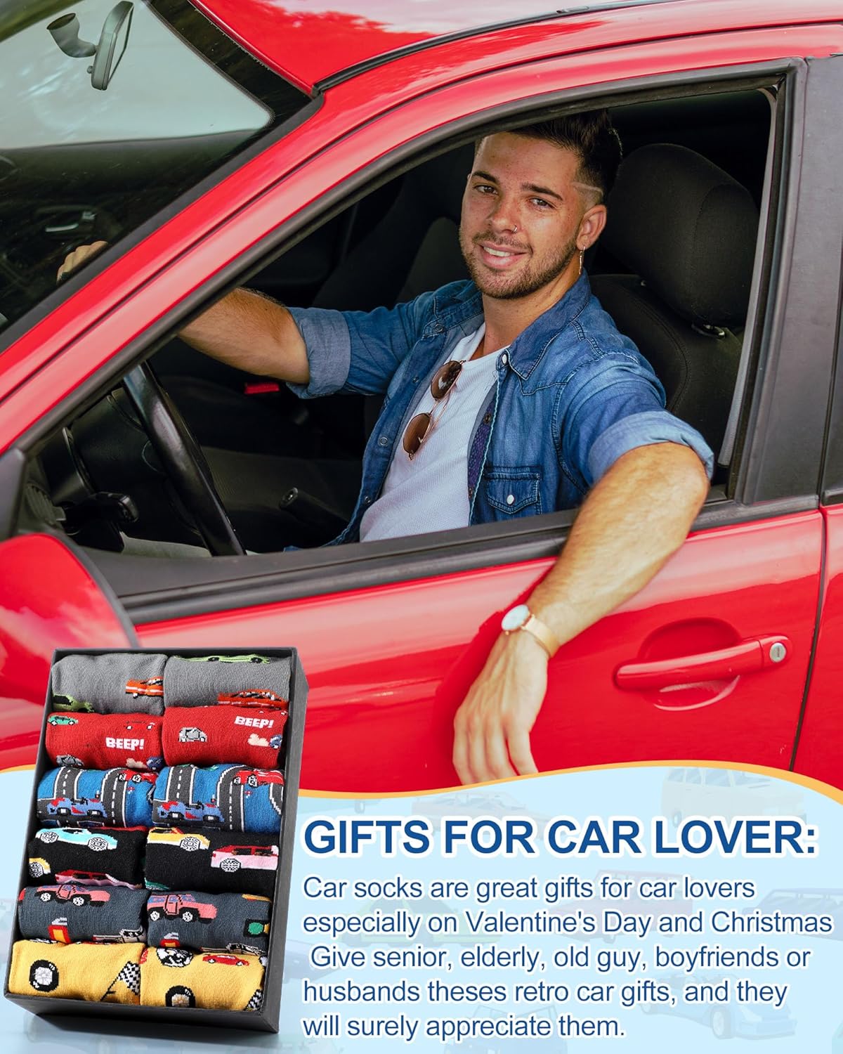 6 Pairs Funny Car Socks for Men Novelty Automotive Cotton Crew Socks Birthday Valentine Gifts for Car Guys Lover Husband Boyfriend - Image 6