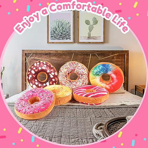 Miniatura 6 de 6 piezas de almohada de donas de felpa para orejas con gránulos de 15 pulgadas para niños, almohada redonda de donas de chocolate rosa, suministros