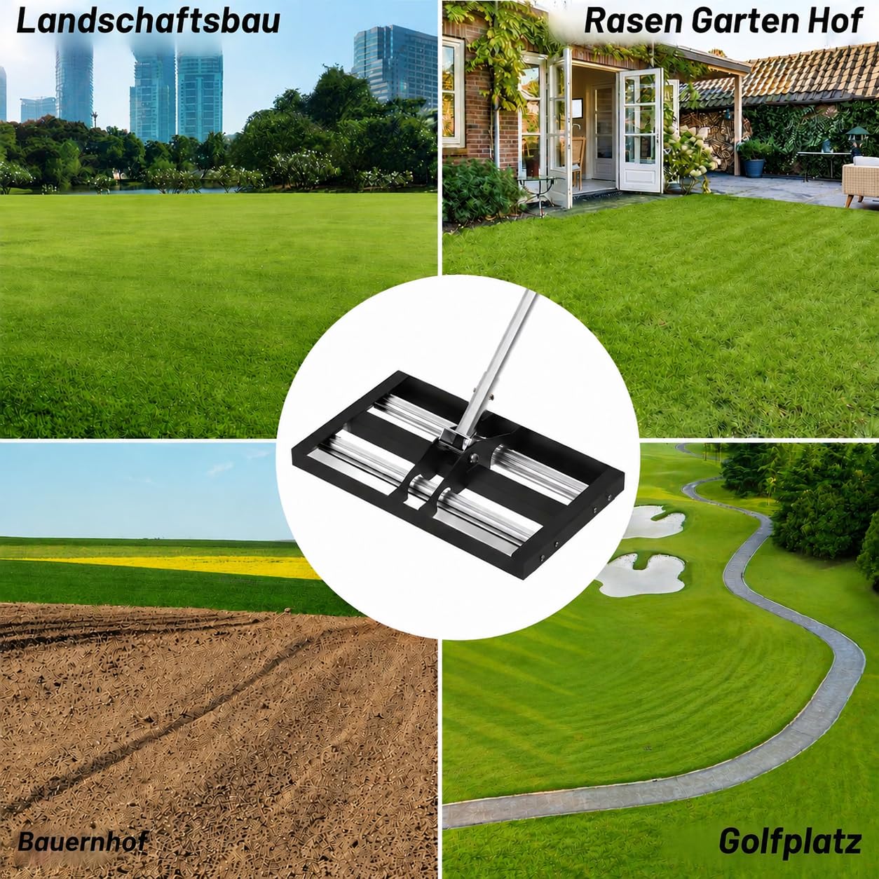 Rasen-Nivellierrechen Edelstahl mit Alurolle | Lawn Leveling Rake with Stainless Steel Head & Adjustable Handle for Lawn Care, Soil Sand Leveling, 76,2 cm