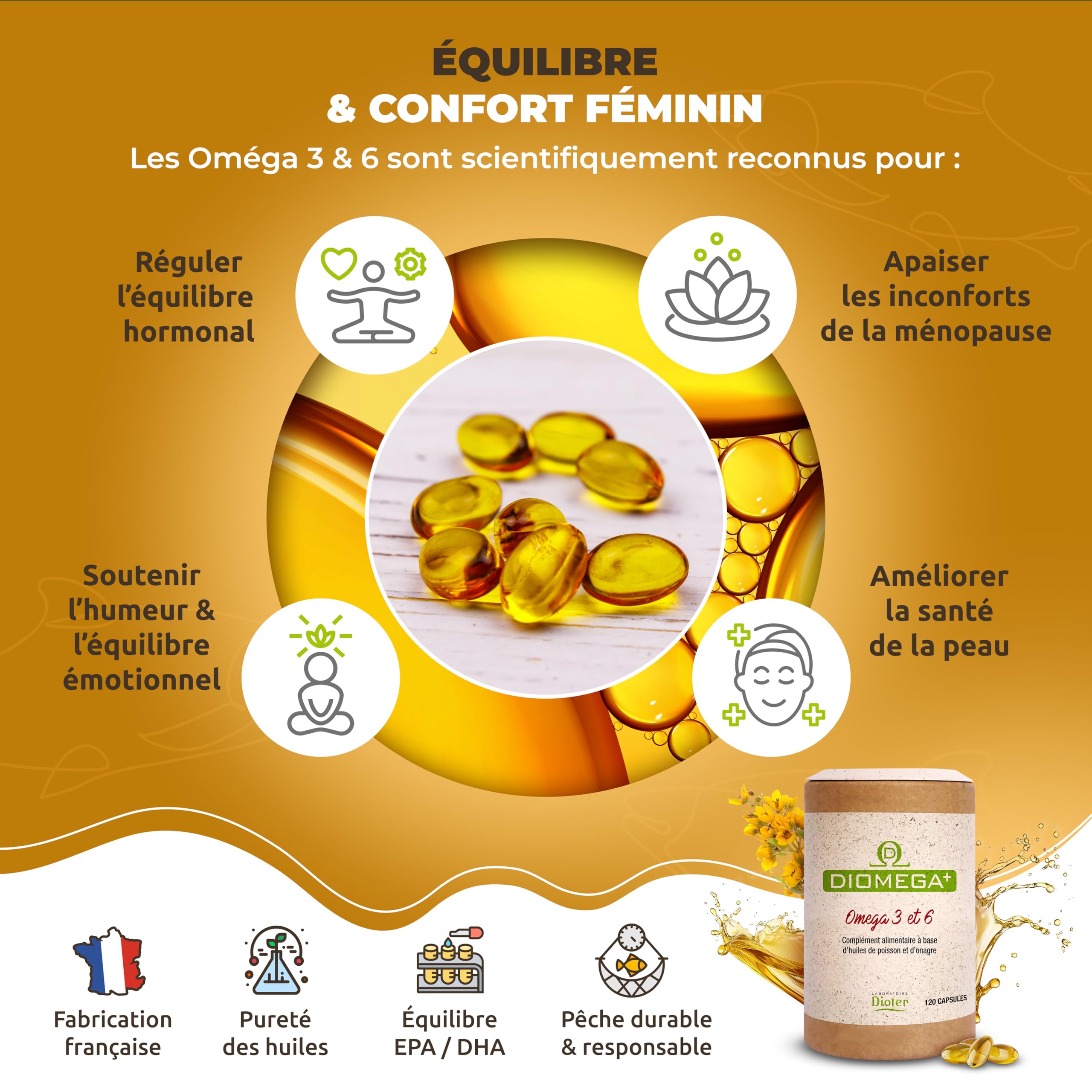 Dioméga Équilibre Oméga 3 & 6 – Huile de Poisson + Huile d’Onagre – Complément Alimentaire Femme Pré-Ménopause & Ménopause – Bien-être Hormonal, Peau, Humeur – Confort Féminin – 120 capsules