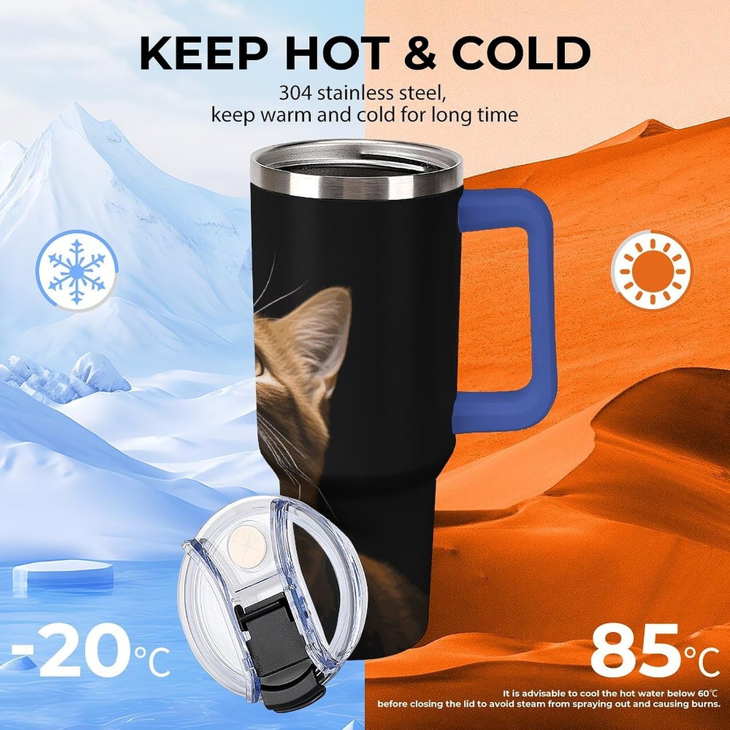 Cat Looks Up Tumbler 40 Oz with Handle&Lid Large Car Cup Stainless Steel Vacuum Travel Mug Insulated Water Bottle Leak-proof Portable Coffee Cup for Home Car Outdoor