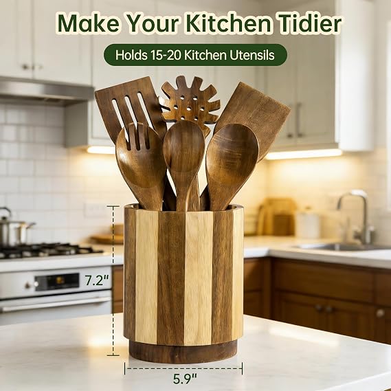 Wooden Utensil Holder, 360° Rotating Acacia Wood Kitchen Utensil Holder for Countertop, 7.2 Non-Slip Large Utensil Holder for Kitchen, Farmhouse Countertop Decor, Spatula Holders, Stripes