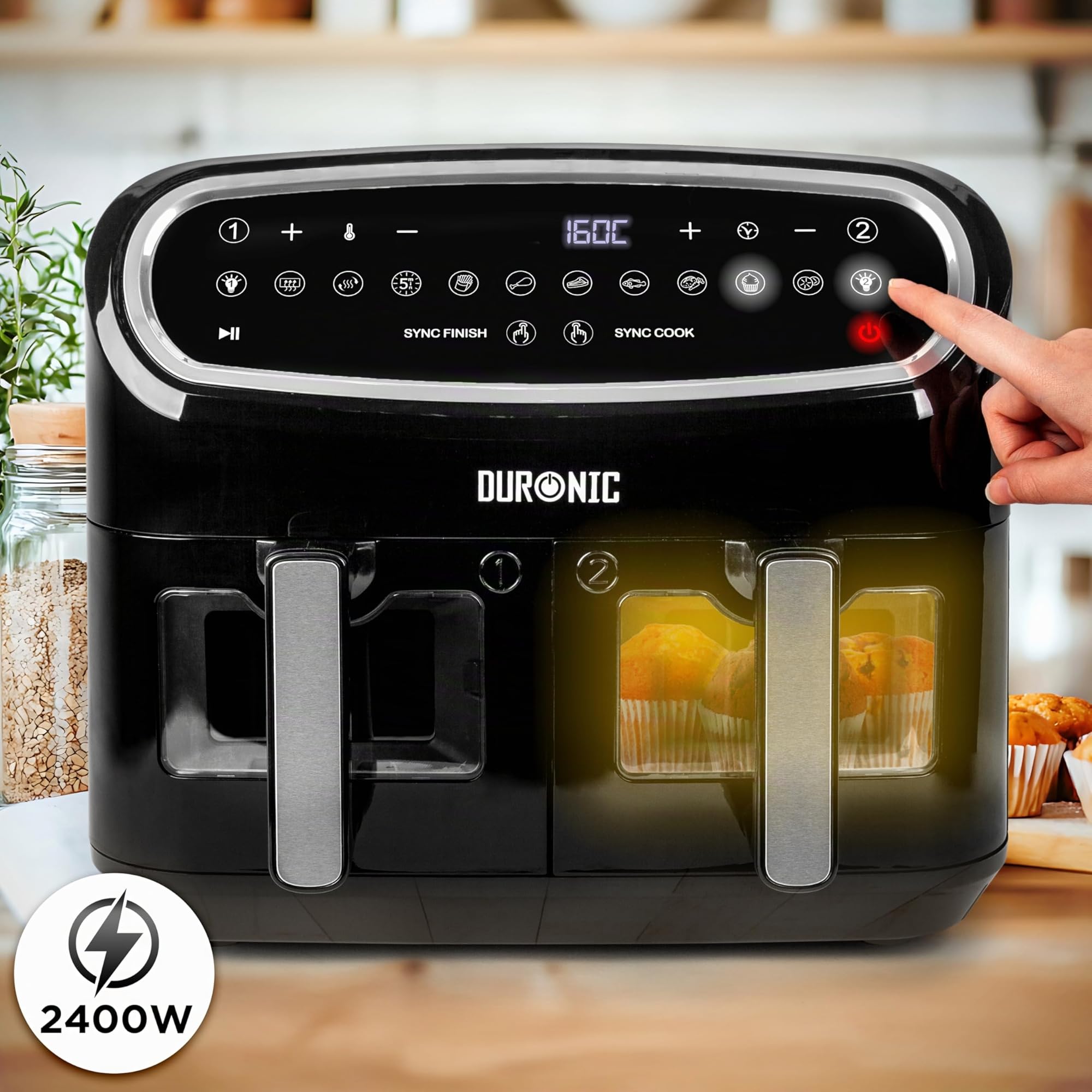 Duronic AF34 BK Set Friteuse à Air avec 1 grand tiroir de 10L et 2 petits tiroirs de 5L inclus | 10 Programmes de Cuisson Préréglés | Sans huile | Fonctions Sync Cook Sync Finish | Cuisson saine sans huile 10 programmes préréglés 1 grand tiroir de 10 litr