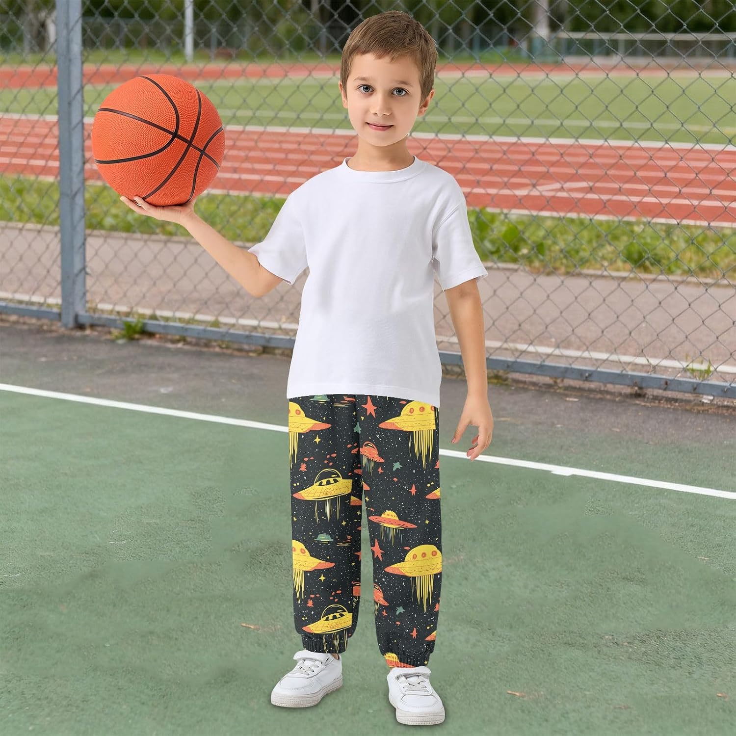 Boy Sweatpants Stars Alien and UFO Joggers Casual Athletic Pants Kids Elastic Waist Cuffed with Pockets