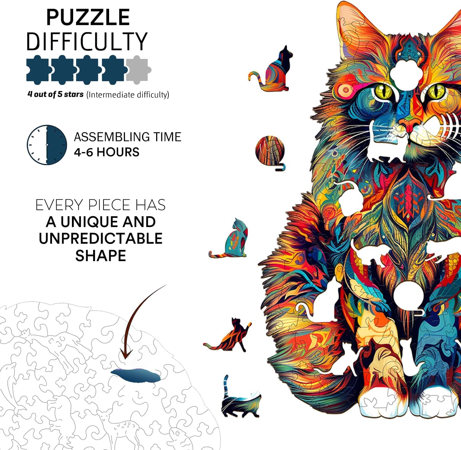 Jigfoxy Wooden Puzzles for Adults, Cat Wood Puzzle for Adult, Unique Animal Shape Puzzles, Challenging Jigsaw Puzzle, Christmas Thanksgiving Gifts for Friends Family(L-16.5 * 13.2in-300Pcs)