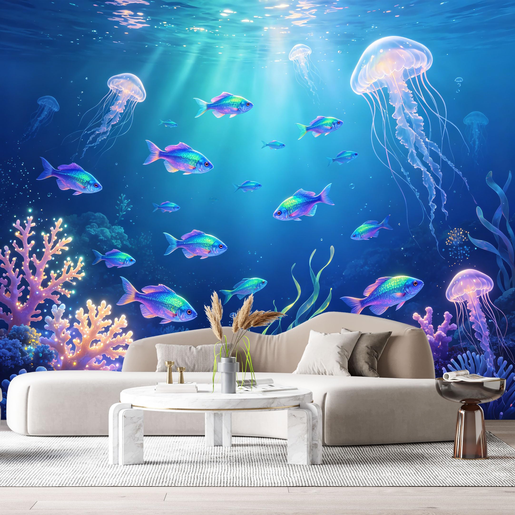 Custom Size Wall Murals Ocean Marine Jellyfish School of Fish 3D Underwater World SelfAdhesive Wall Fabric Removable Large Wallpaper for Photo Living Room