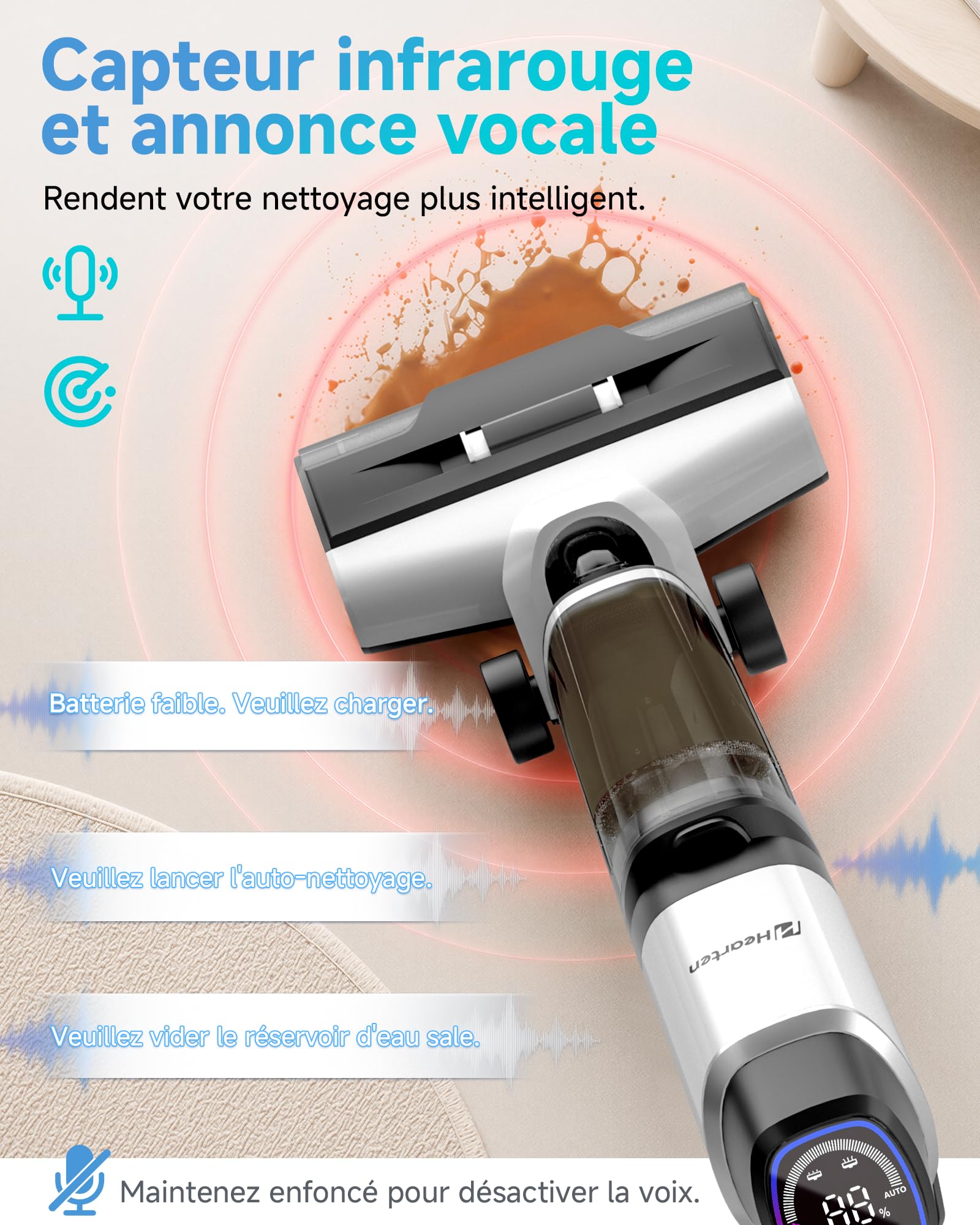 Hearten Aspirateur Laveur 25000Pa à Eau Électrolysée, avec Guidage Vocal.