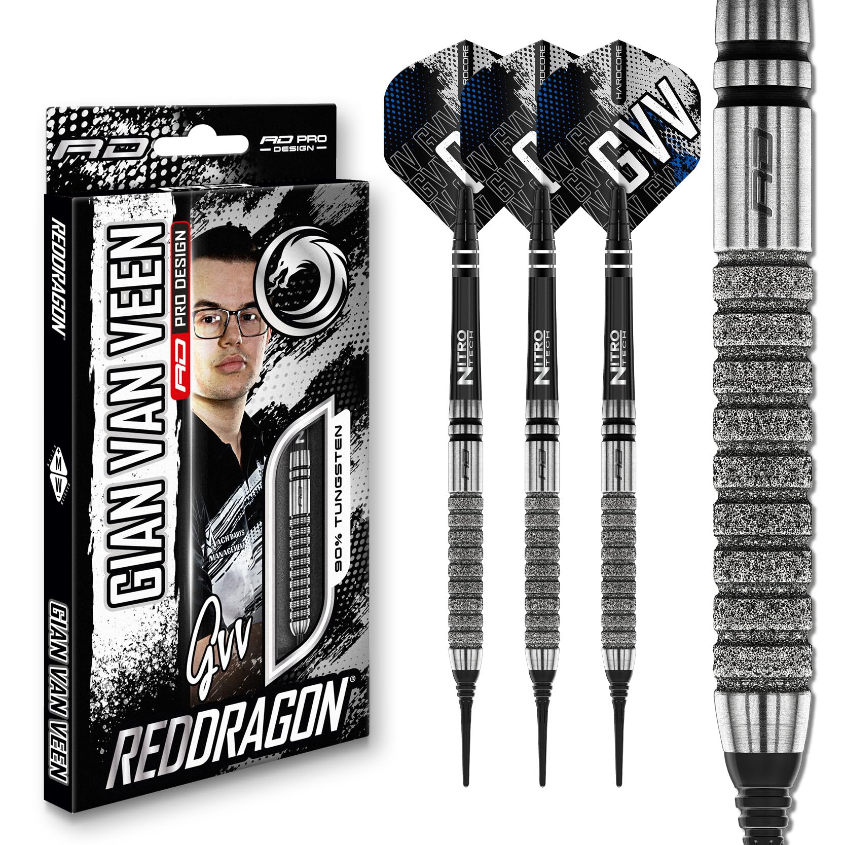 RED DRAGON Darts – Giocatore Professionista - Gian Van Veen Tour Edition Serie - 90% Tungsteno Punta in Acciaio Set di Freccette con voli e aste per Freccette - Disponibile in Punta Morbida e Acciaio