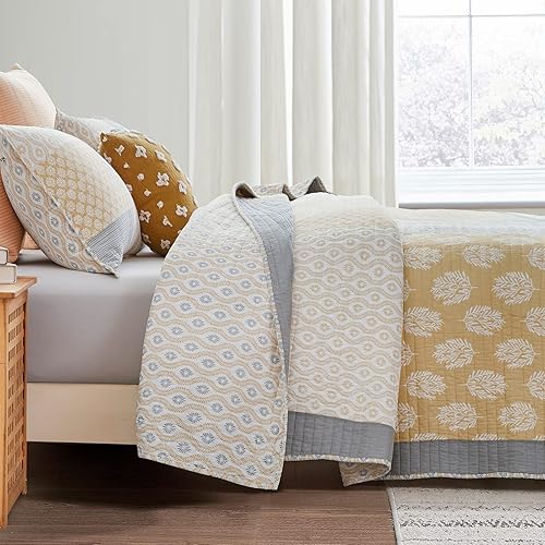 Miniatura 3 de KALOOLA Quilts - Juego de ropa de cama tamaño Queen 100 % algodón, edredón de retazos florales amarillo gris floral, colcha reversible ligera para