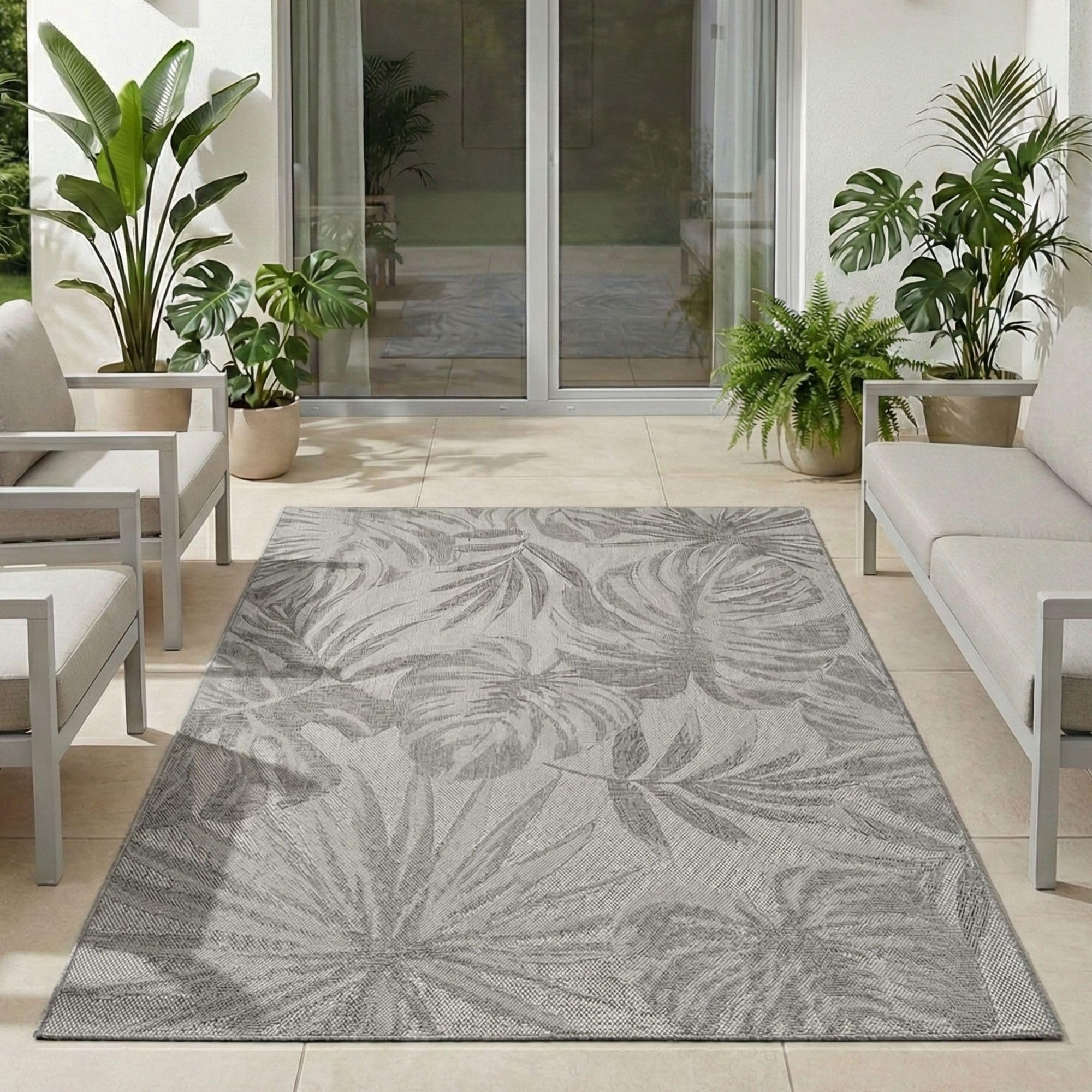 Carpetsale24 Tappeto da Esterno Grigio 140x200 cm, Resistente agli Agenti Atmosferici & UV, Ideale per Cucina, Balcone, Terrazza, Soggiorno e Sala da Pranzo, Design di foglie di palma