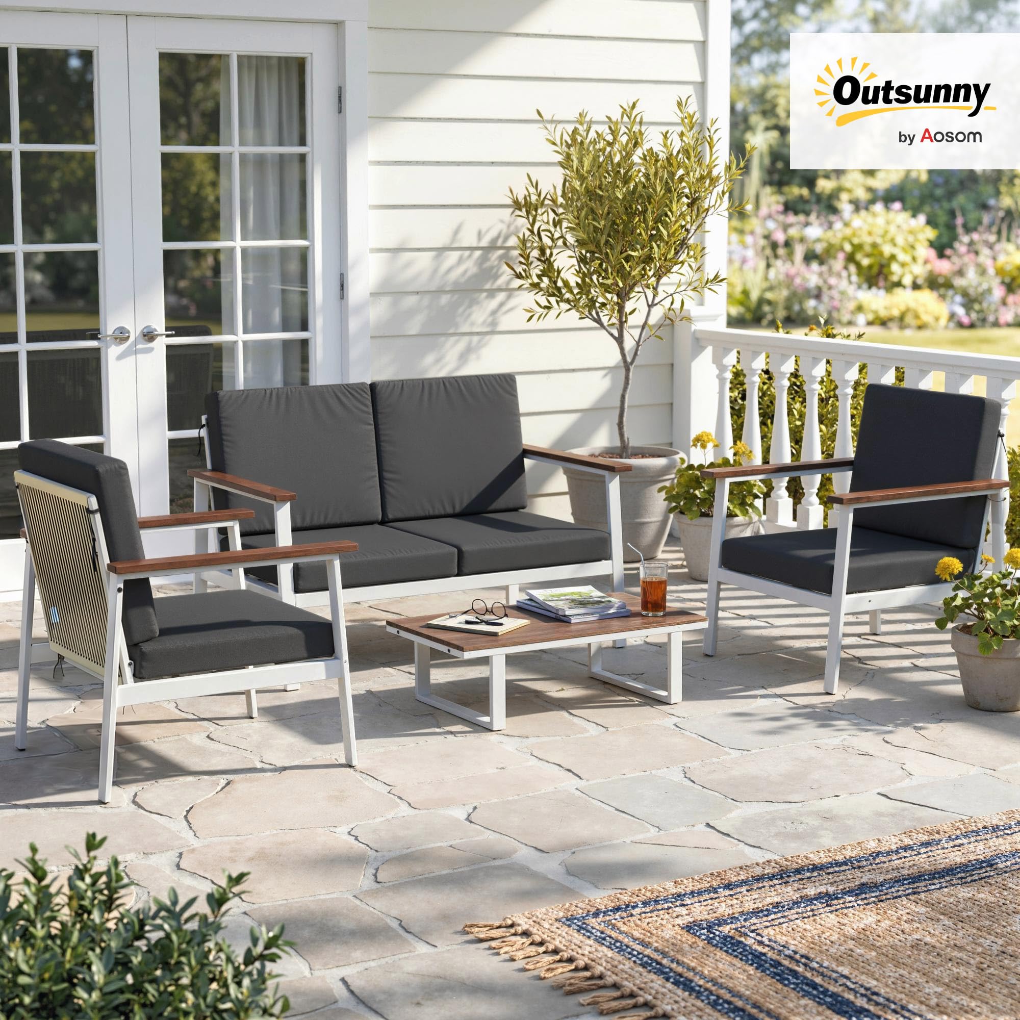 Outsunny Set Salotto da Giardino 4 Pezzi, Set di Mobili da Giardino in Legno di Acacia e Metallo con Divano 2 Posti, 2 Poltrone, Tavolino, Cuscini, Schienale Intrecciato, Salottino da Esterno, Grigio