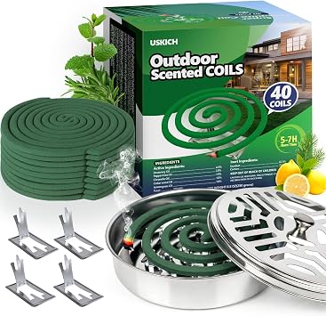 Natural Essential Oil Scented Coils for Outdoor Patio & Backyard, Fresh Long-Lasting Aroma, Each Coil Burns 57 Hours, Includes 40 Coils, 2 Holders & 4 Stands